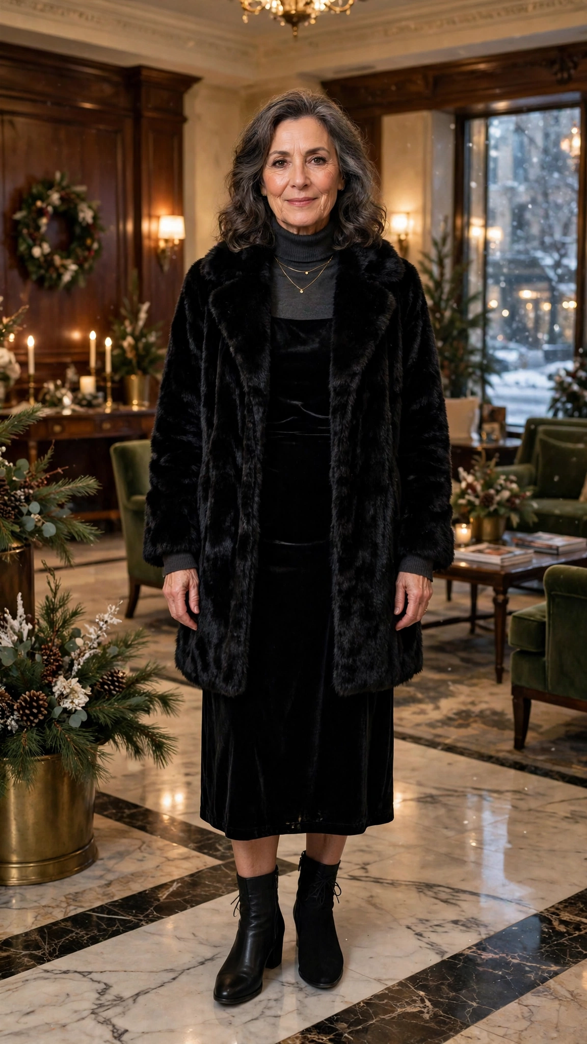 50 Women over 50 black faux fur coat outfits for city nights That Are Chic, Warm and Elegant - idea 45