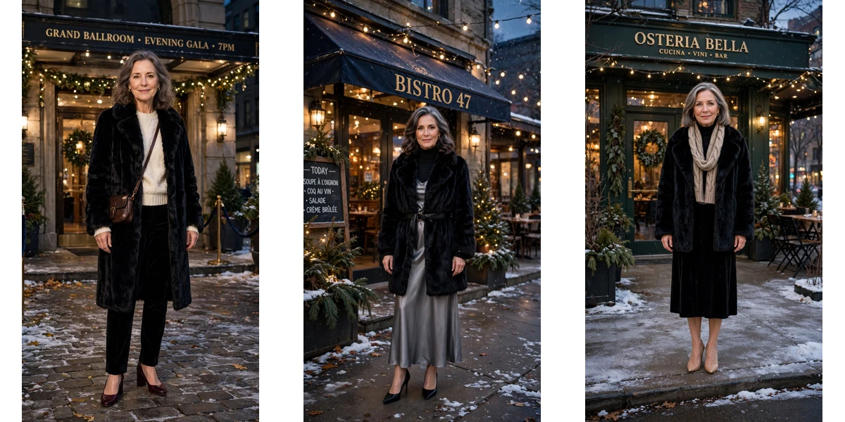 50 Women over 50 black faux fur coat outfits for city nights That Are Chic, Warm and Elegant featured