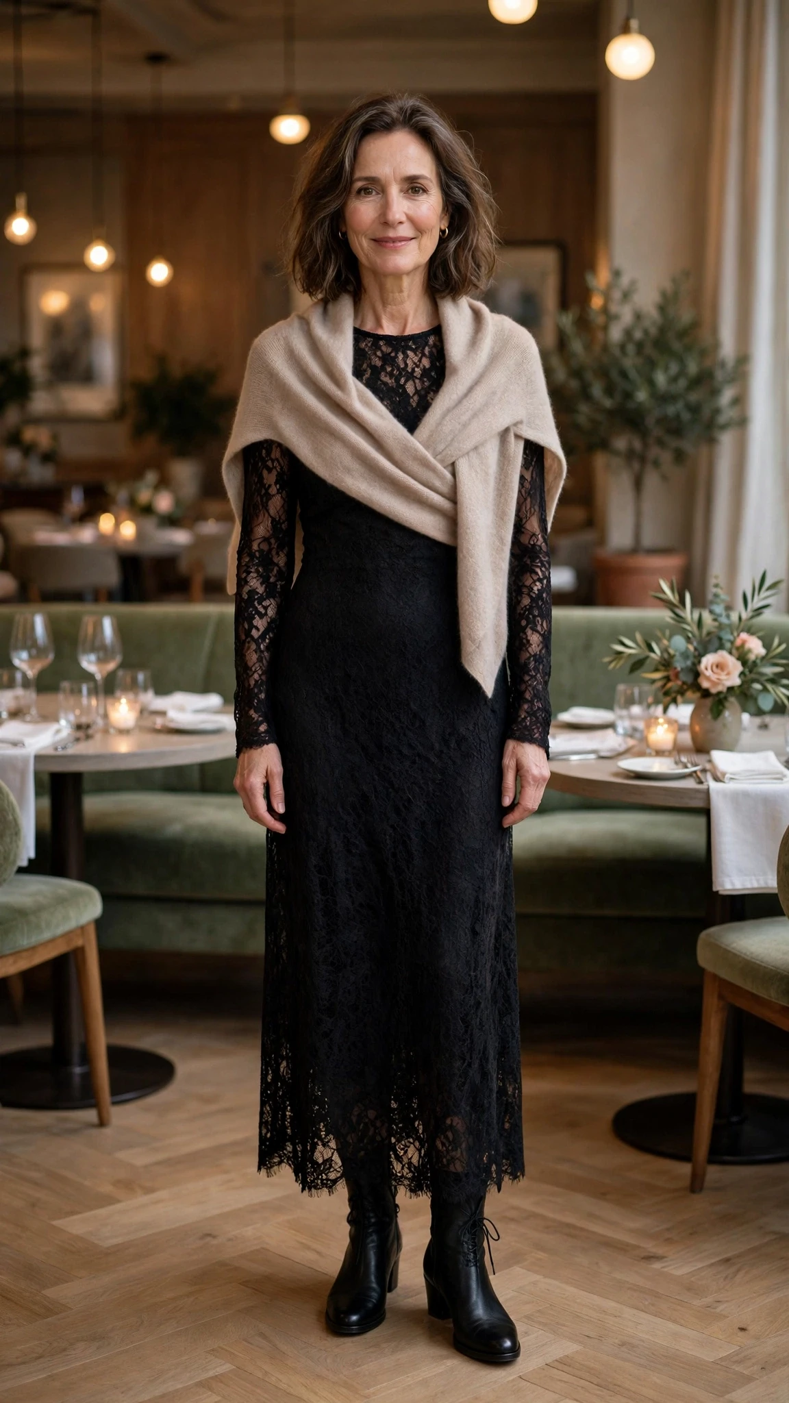 50 Women Over 50 Black Lace Outfits for Valentine Nights That Are Chic, Romantic and Easy to Wear 2 Black lace long-sleeve dress with leather ankle boots and a cashmere wrap