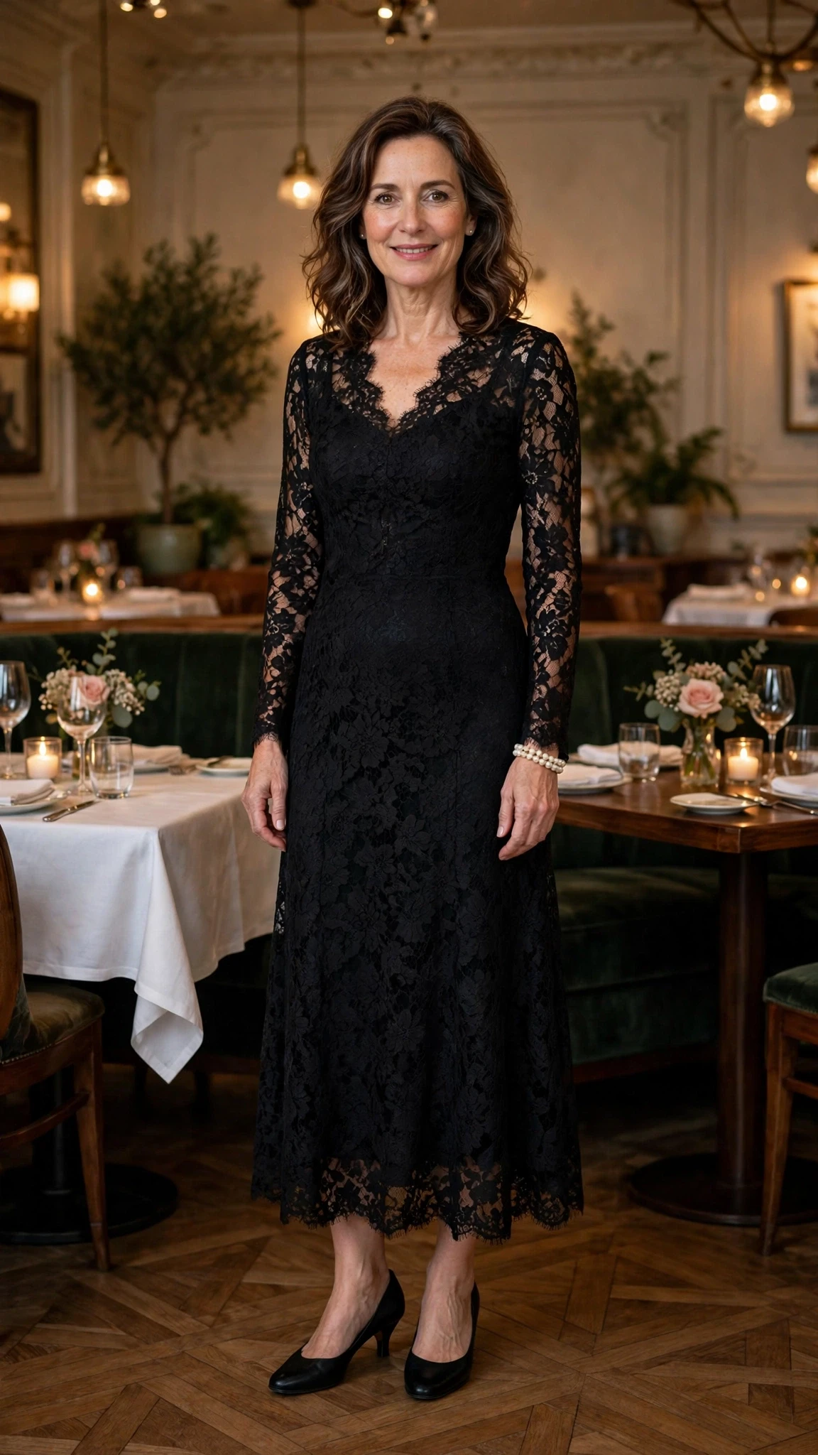 50 Women Over 50 Black Lace Outfits for Valentine Nights That Are Chic, Romantic and Easy to Wear 3 Jet black lace dress with low-heeled pumps and a pearl bracelet