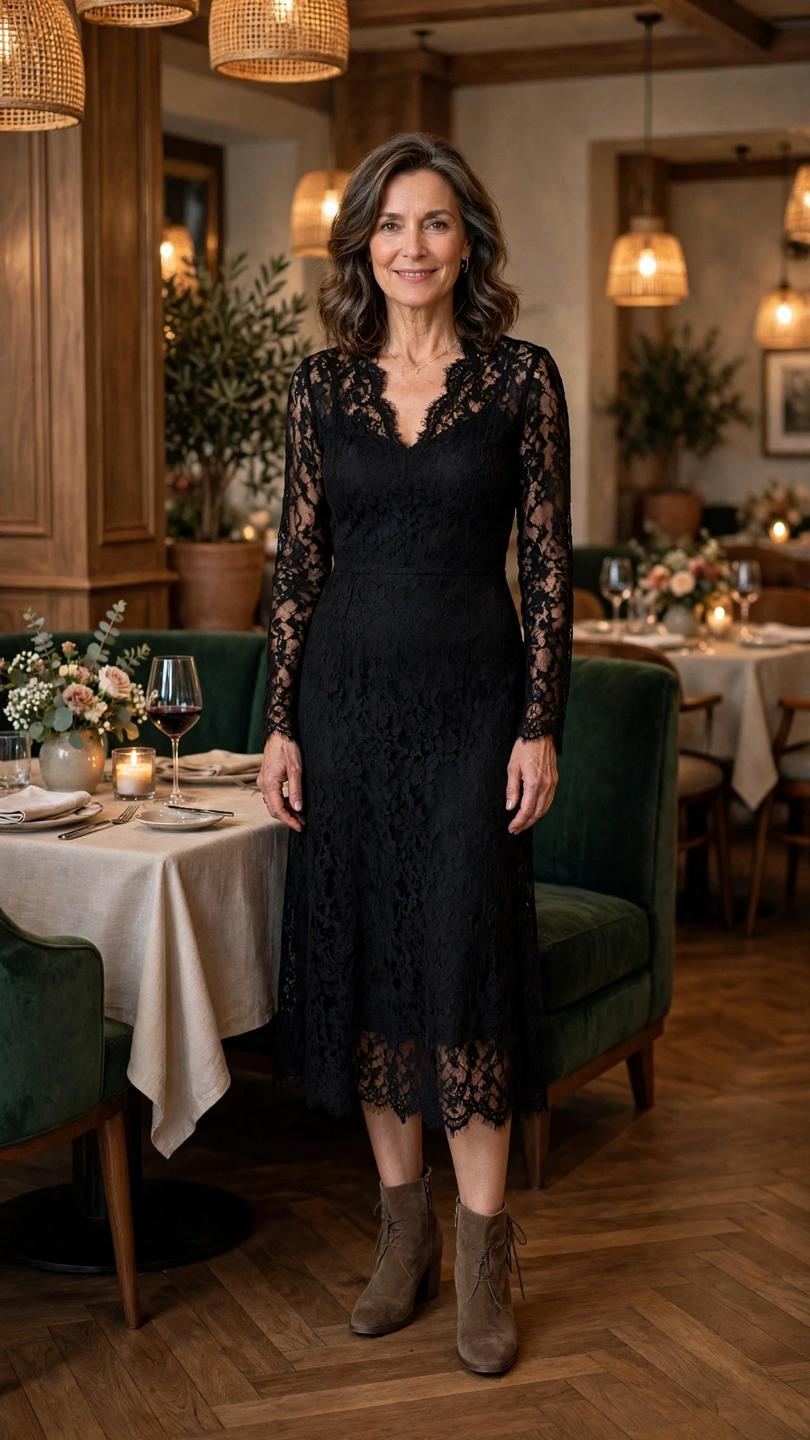 50 Women Over 50 Black Lace Outfits for Valentine Nights That Are Chic, Romantic and Easy to Wear 11 Black lace midi dress with suede ankle boots and a delicate gold necklace