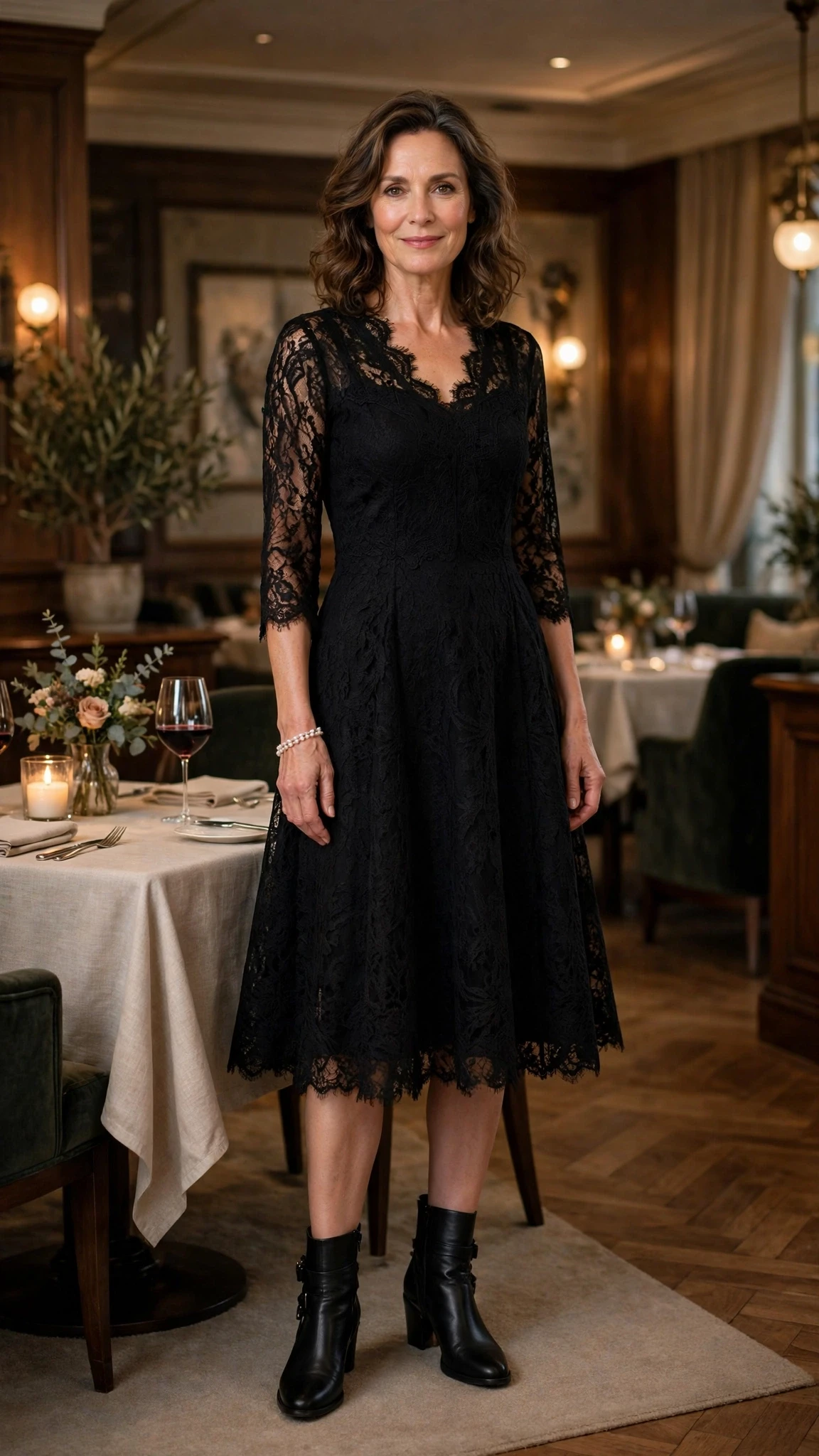50 Women Over 50 Black Lace Outfits for Valentine Nights That Are Chic, Romantic and Easy to Wear 12 Black lace A-line dress with leather ankle boots and a pearl bracelet
