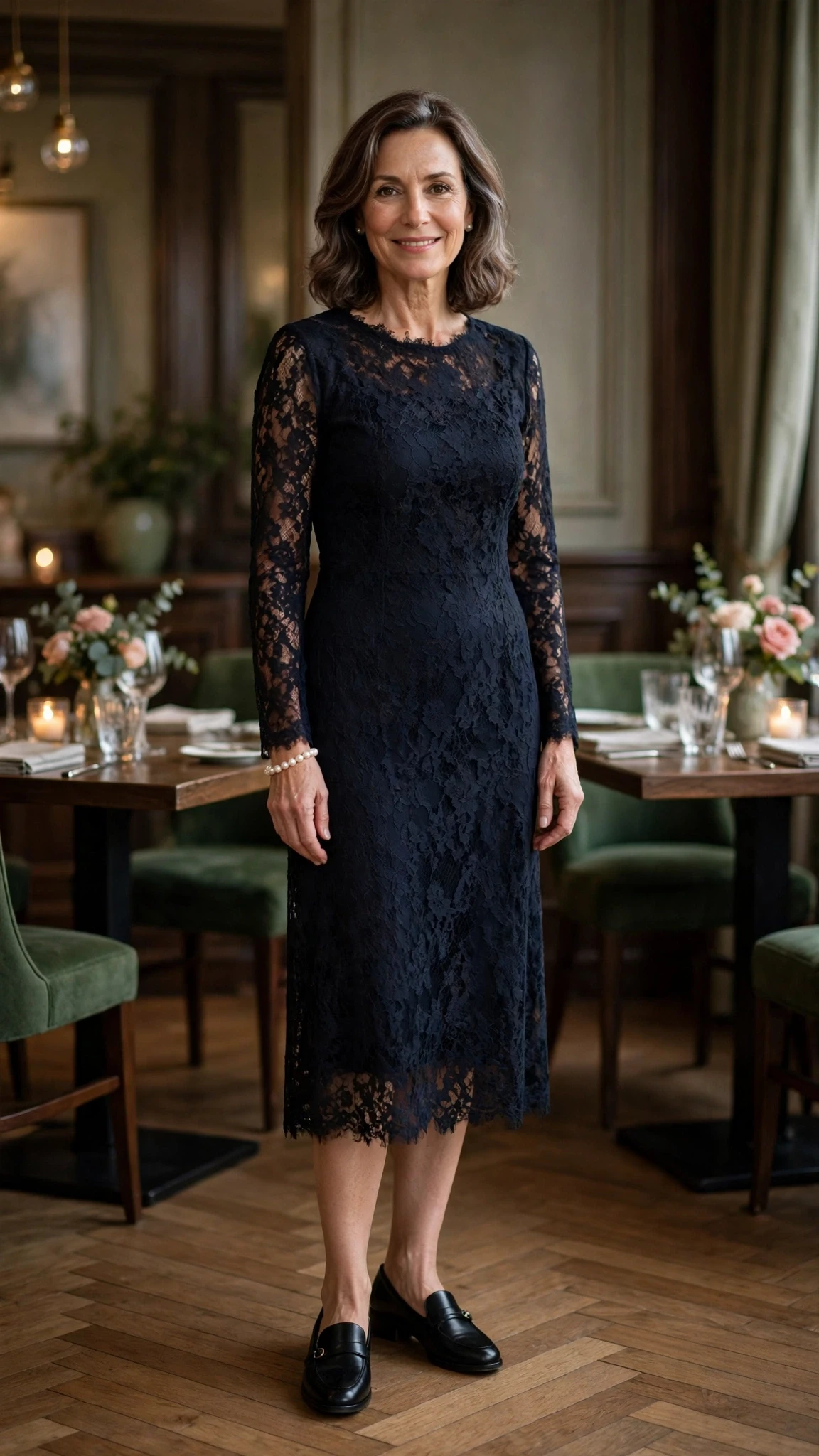 50 Women Over 50 Black Lace Outfits for Valentine Nights That Are Chic, Romantic and Easy to Wear 13 Midnight lace midi dress with smart loafers and a pearl bracelet
