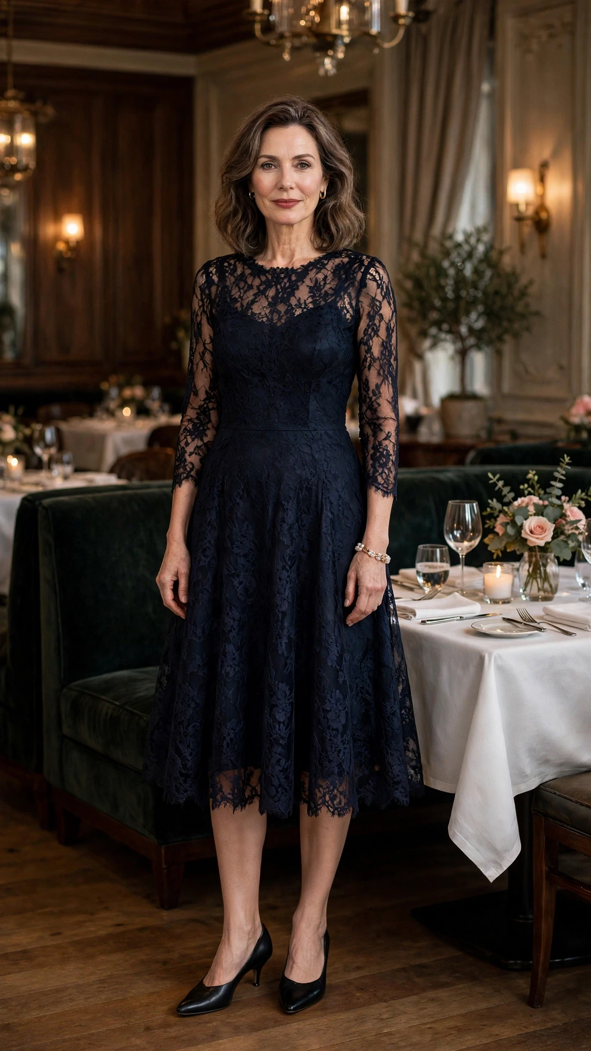 50 Women Over 50 Black Lace Outfits for Valentine Nights That Are Chic, Romantic and Easy to Wear 14 Midnight lace fit-and-flare dress with kitten heels and a pearl bracelet