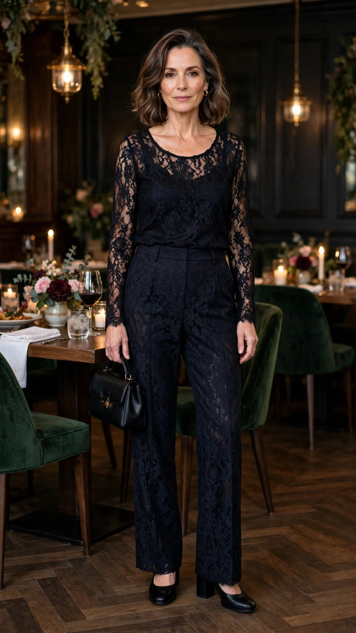 50 Women Over 50 Black Lace Outfits for Valentine Nights That Are Chic, Romantic and Easy to Wear 15 Midnight lace top and trouser outfit with comfortable block heels and a small structured clutch