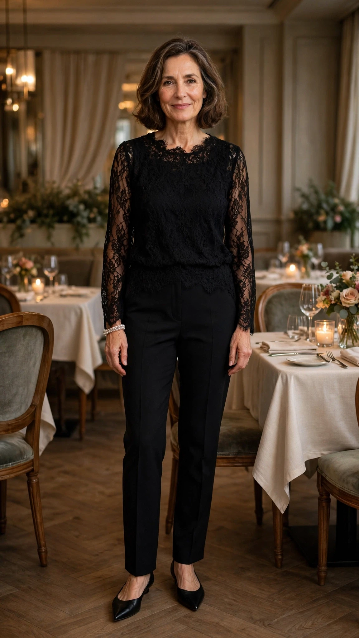 50 Women Over 50 Black Lace Outfits for Valentine Nights That Are Chic, Romantic and Easy to Wear 16 Soft black lace top and trouser outfit with elegant pointed flats and a pearl bracelet