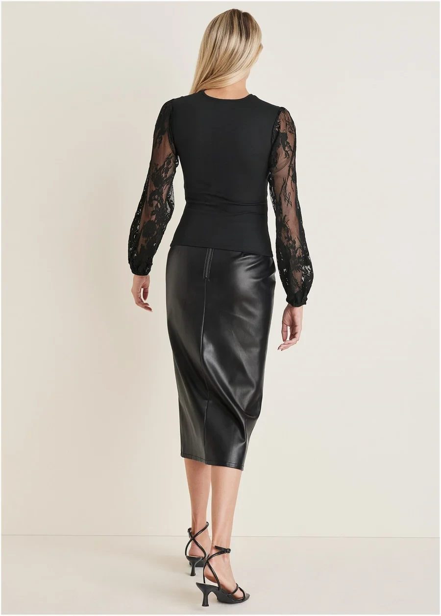 50 Women Over 50 Black Lace Outfits for Valentine Nights That Are Chic, Romantic and Easy to Wear 20 Soft black lace blouse and skirt outfit with black pointed heels and a slim leather belt