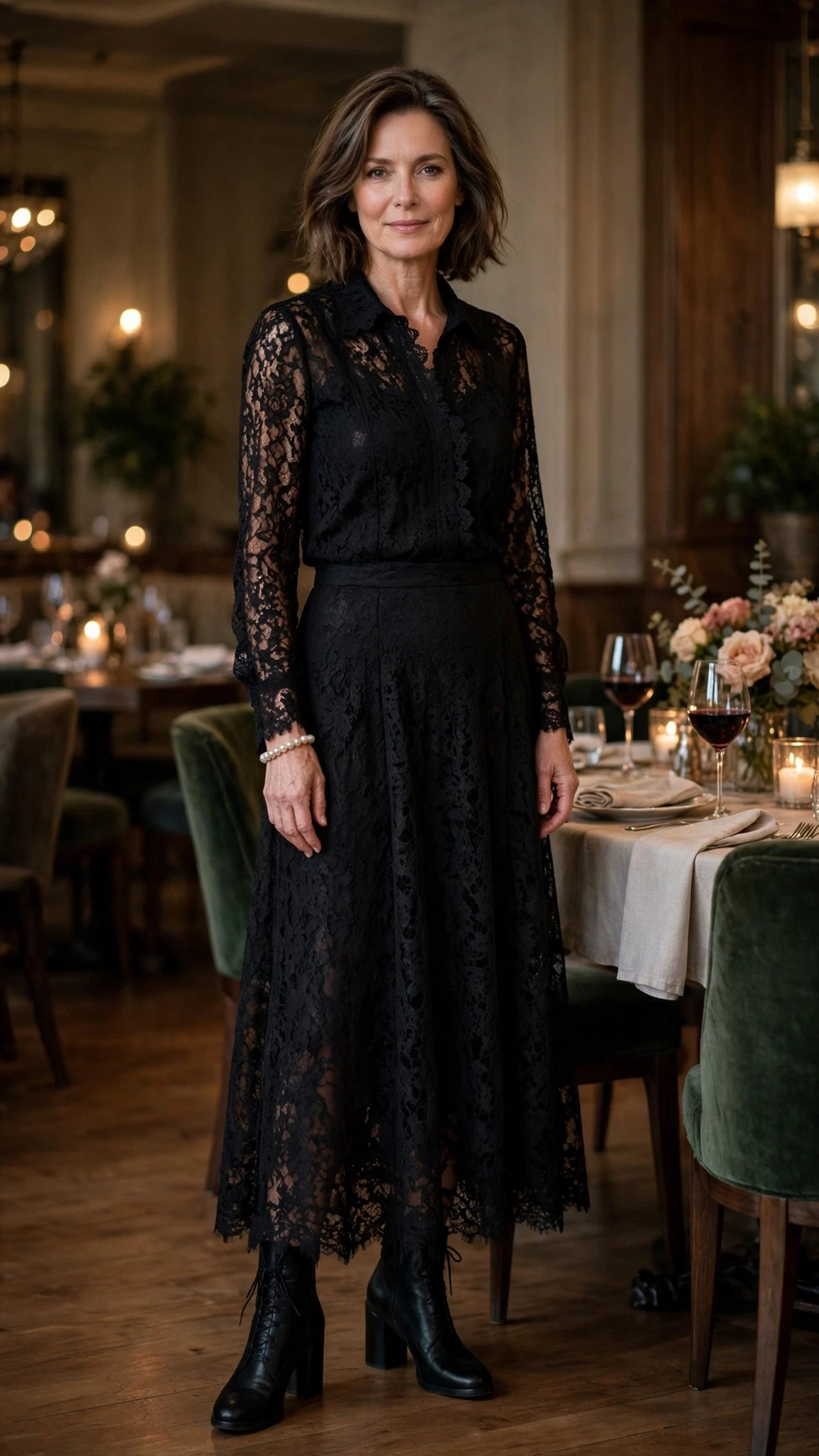 50 Women Over 50 Black Lace Outfits for Valentine Nights That Are Chic, Romantic and Easy to Wear 21 Jet black lace skirt outfit with block-heel ankle boots and a pearl bracelet
