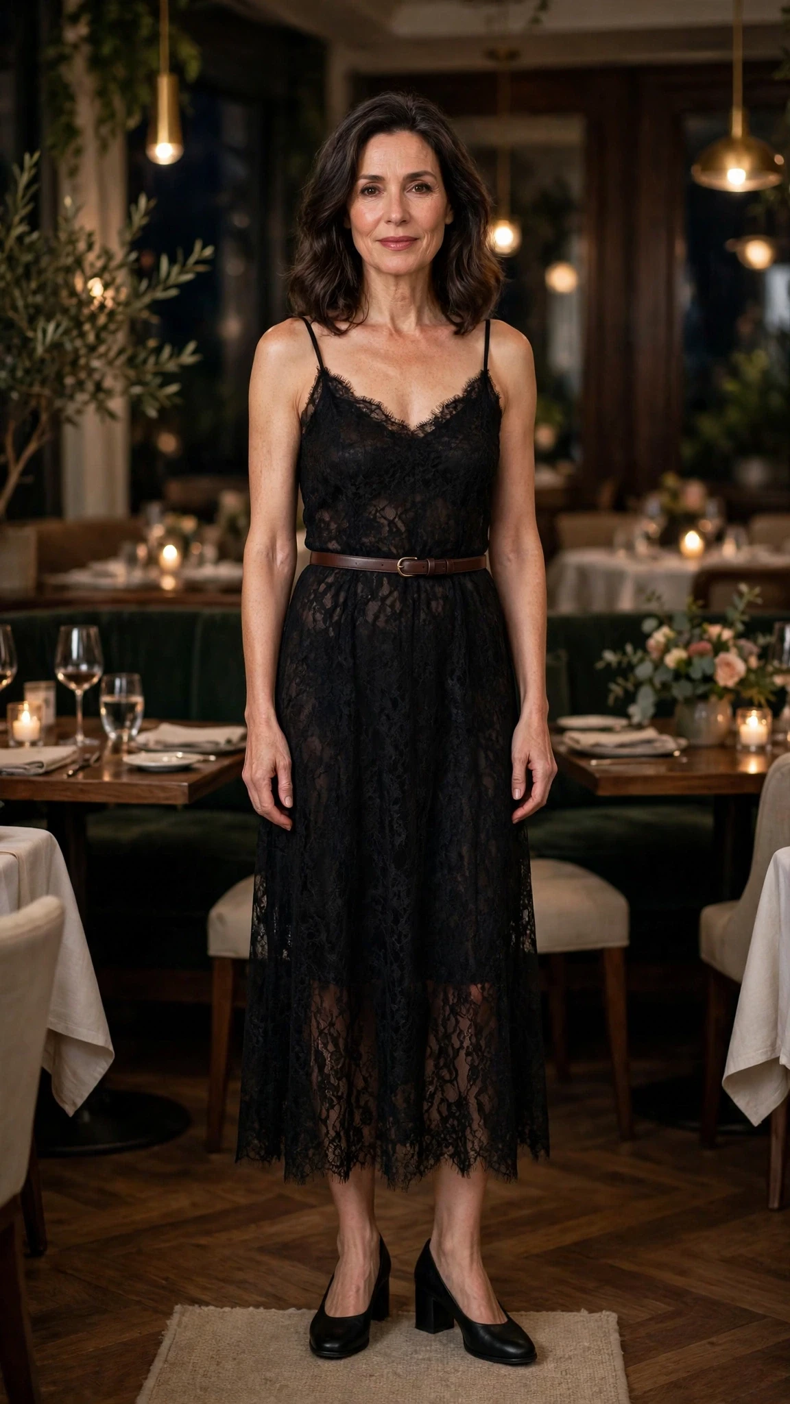 50 Women Over 50 Black Lace Outfits for Valentine Nights That Are Chic, Romantic and Easy to Wear 23 Jet black lace slip dress with comfortable block heels and a slim leather belt