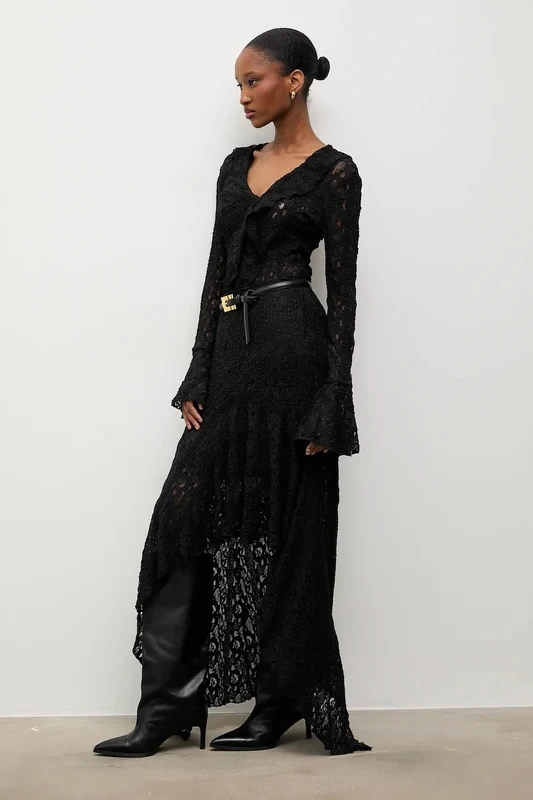 50 Women Over 50 Black Lace Outfits for Valentine Nights That Are Chic, Romantic and Easy to Wear 24 Soft black lace long-sleeve dress with leather ankle boots and a slim leather belt
