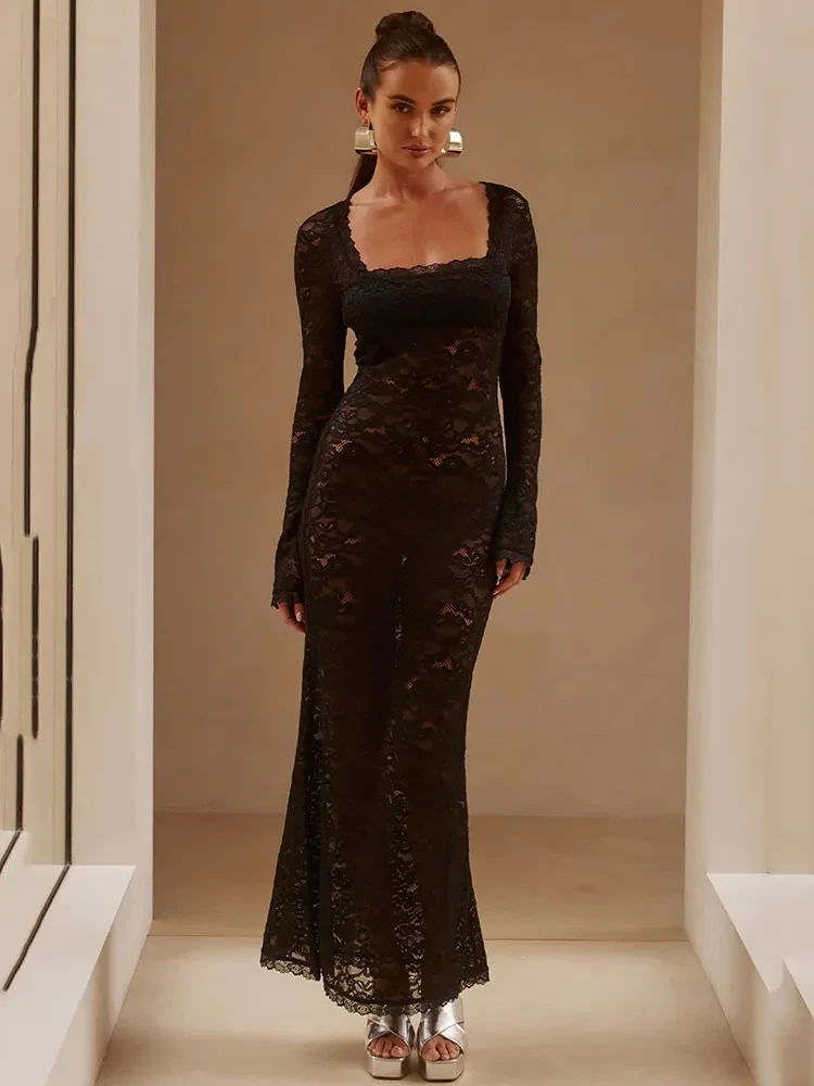 50 Women Over 50 Black Lace Outfits for Valentine Nights That Are Chic, Romantic and Easy to Wear 25 Soft black lace long-sleeve dress with pointed mules and silver drop earrings