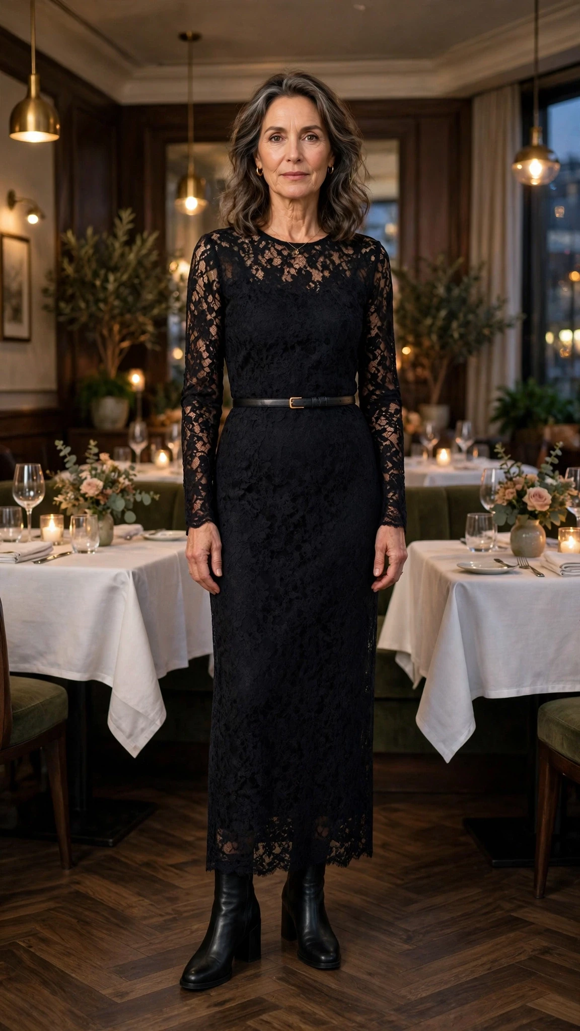 50 Women Over 50 Black Lace Outfits for Valentine Nights That Are Chic, Romantic and Easy to Wear 26 Midnight lace sheath dress with block-heel ankle boots and a slim leather belt