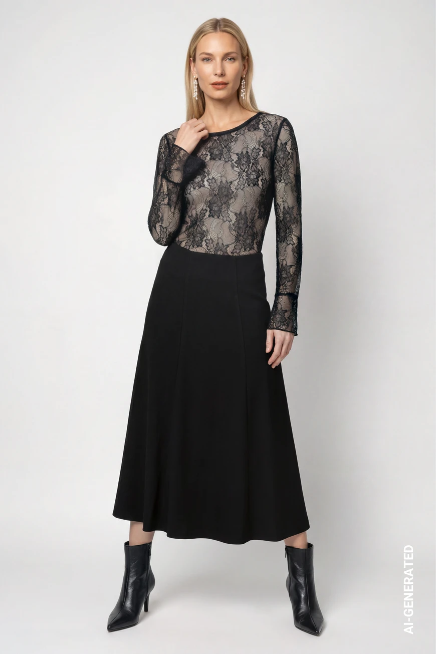 50 Women Over 50 Black Lace Outfits for Valentine Nights That Are Chic, Romantic and Easy to Wear 29 Black lace blouse and skirt outfit with leather ankle boots and silver drop earrings