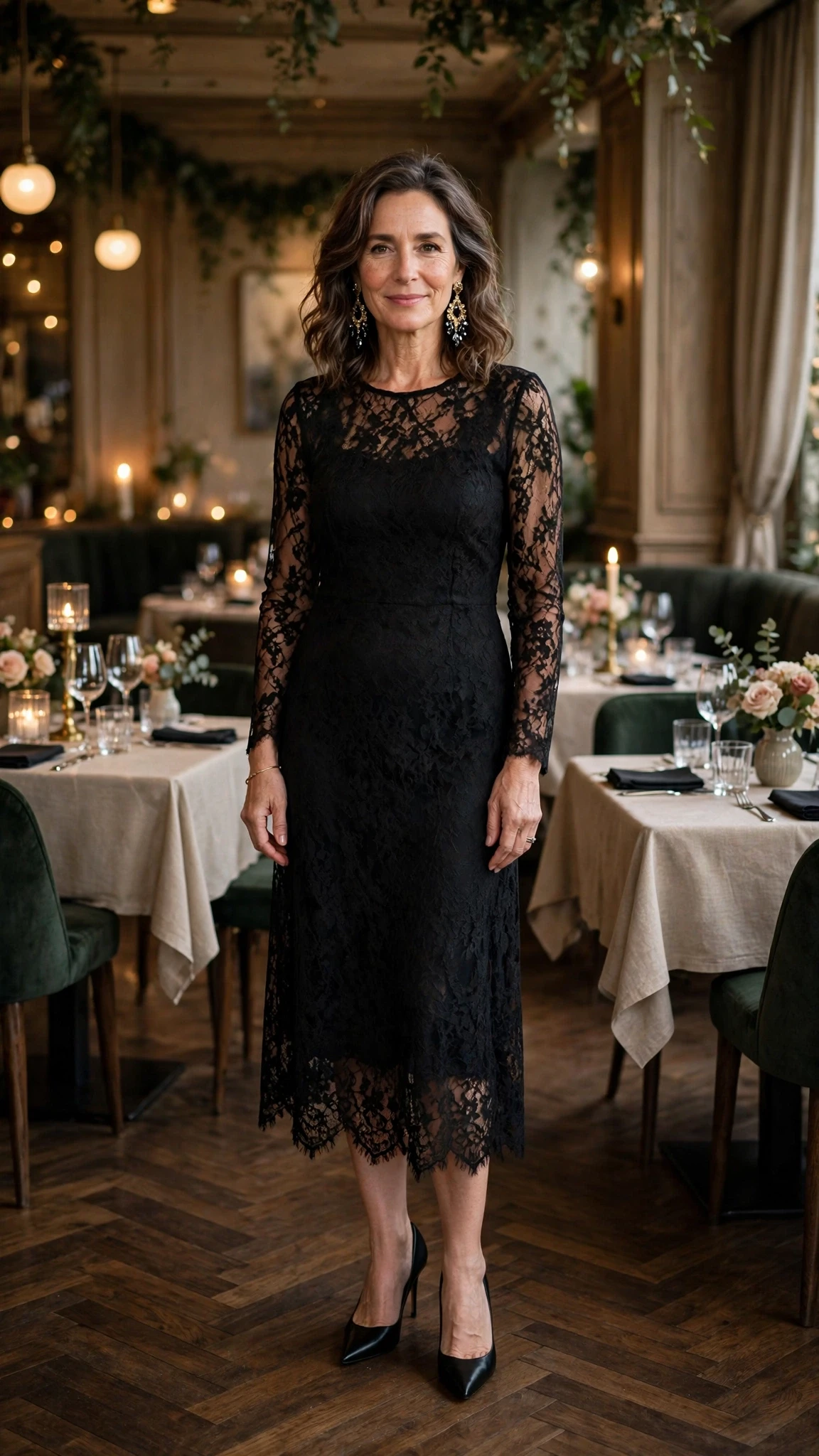 50 Women Over 50 Black Lace Outfits for Valentine Nights That Are Chic, Romantic and Easy to Wear 31 Black lace midi dress with black pointed heels and statement earrings