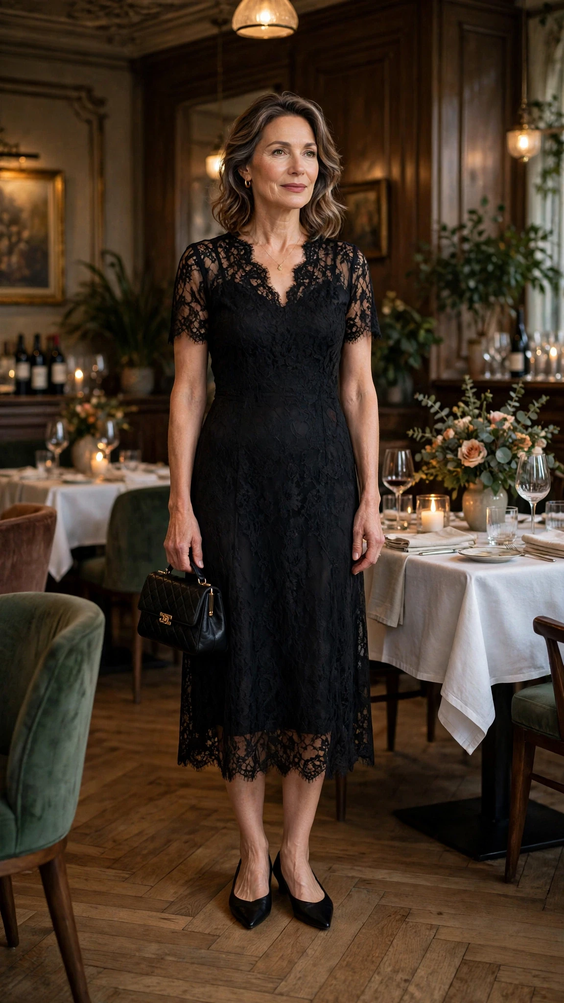 50 Women Over 50 Black Lace Outfits for Valentine Nights That Are Chic, Romantic and Easy to Wear 32 Soft black lace dress with elegant pointed flats and a small structured clutch