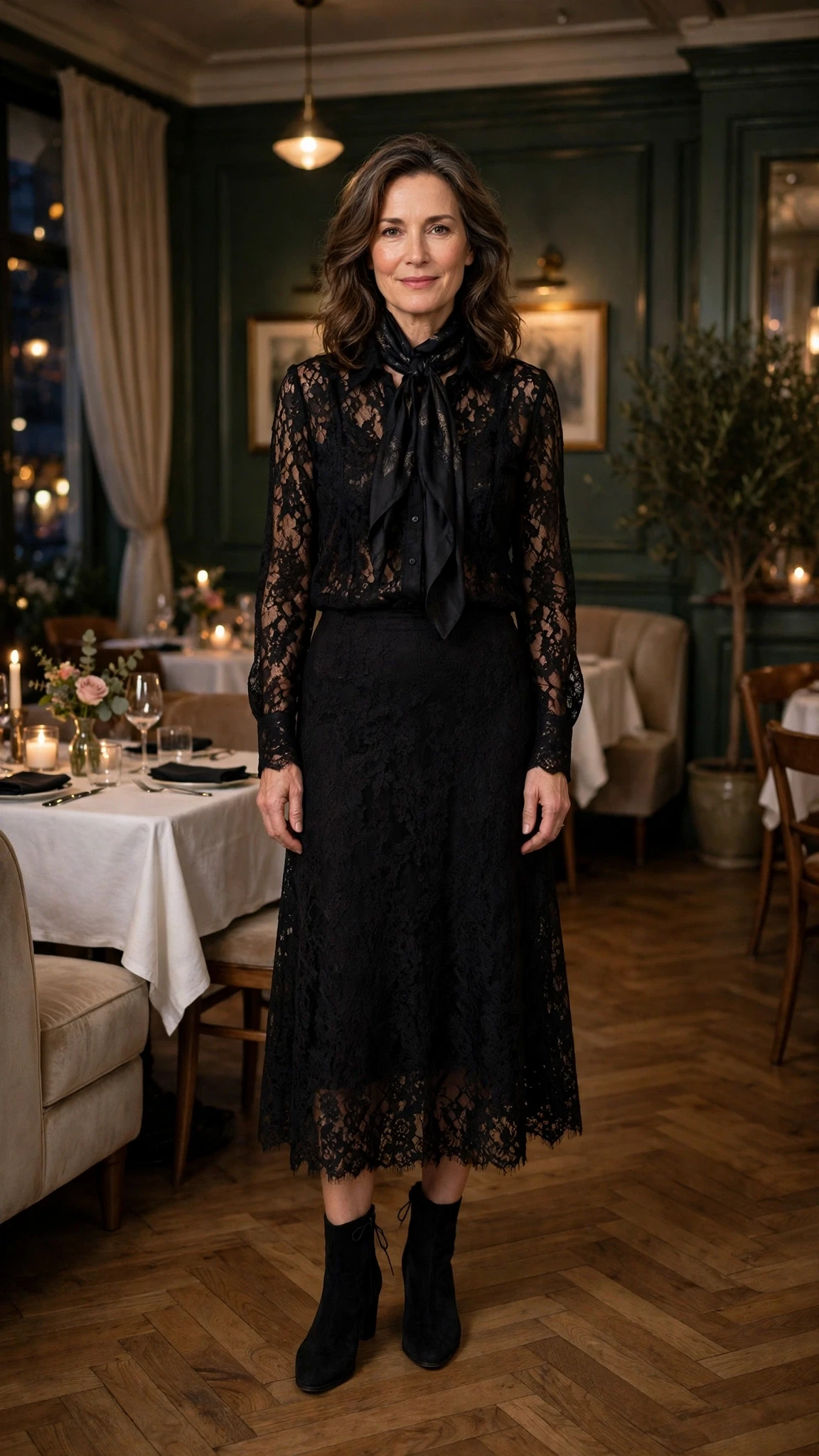50 Women Over 50 Black Lace Outfits for Valentine Nights That Are Chic, Romantic and Easy to Wear 33 Jet black lace blouse and skirt outfit with suede ankle boots and a silk scarf