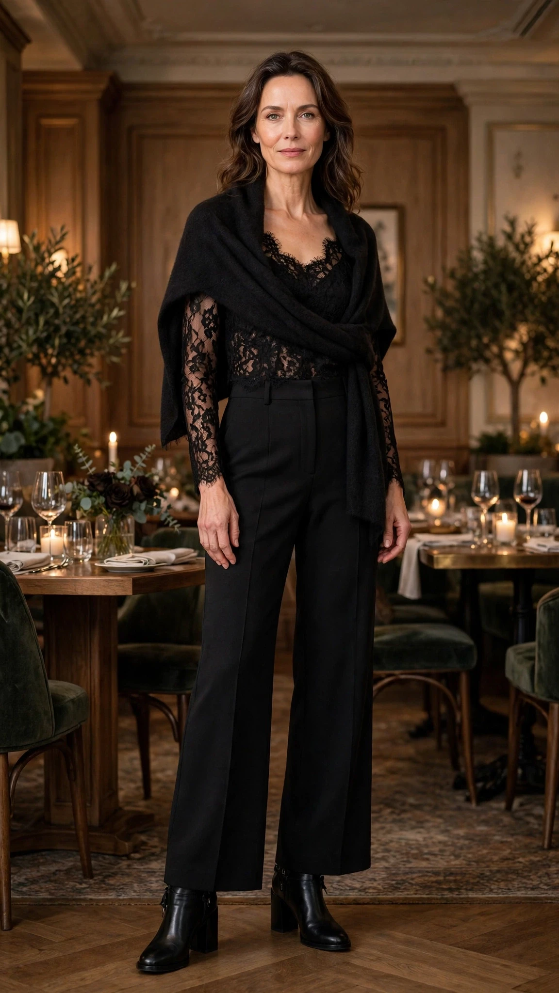 50 Women Over 50 Black Lace Outfits for Valentine Nights That Are Chic, Romantic and Easy to Wear 34 Black lace top and trouser outfit with block-heel ankle boots and a cashmere wrap