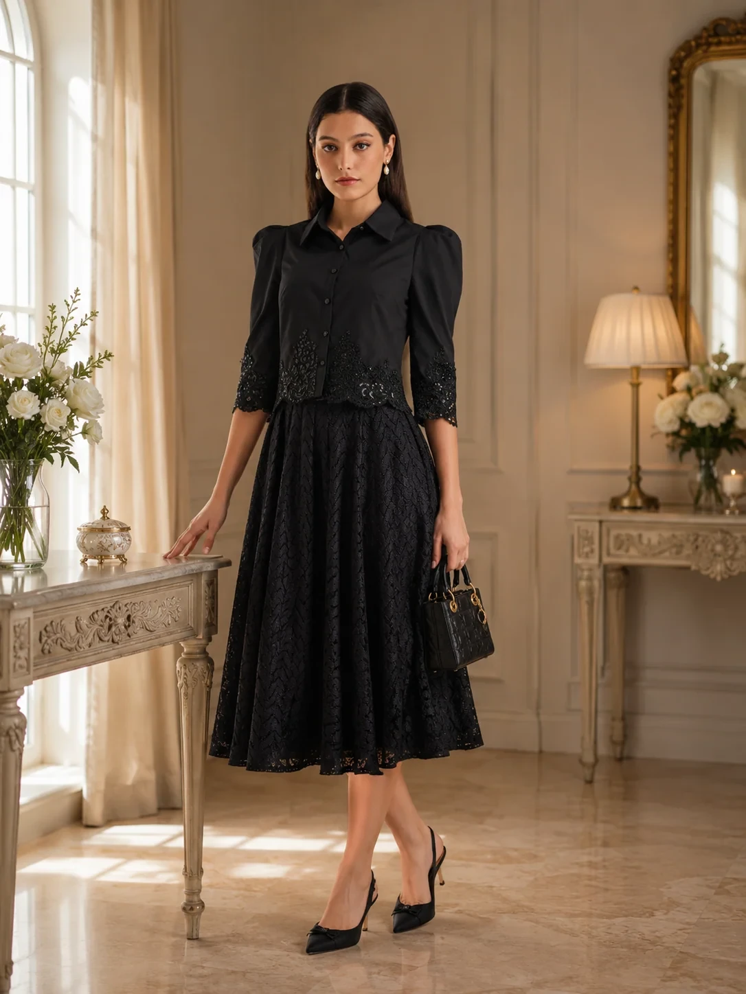 50 Women Over 50 Black Lace Outfits for Valentine Nights That Are Chic, Romantic and Easy to Wear 37 Black lace blouse and skirt outfit with elegant pointed flats and a small structured clutch