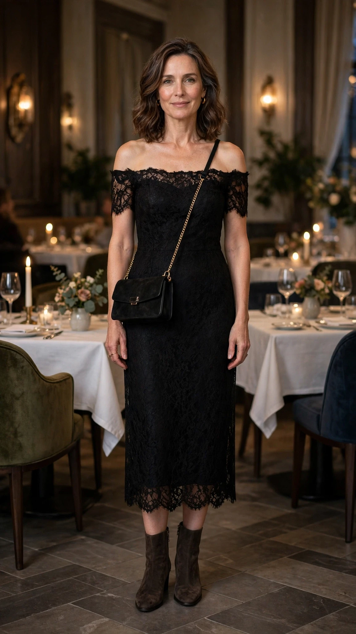 50 Women Over 50 Black Lace Outfits for Valentine Nights That Are Chic, Romantic and Easy to Wear 38 Jet black lace off-shoulder dress with suede ankle boots and a chic crossbody bag