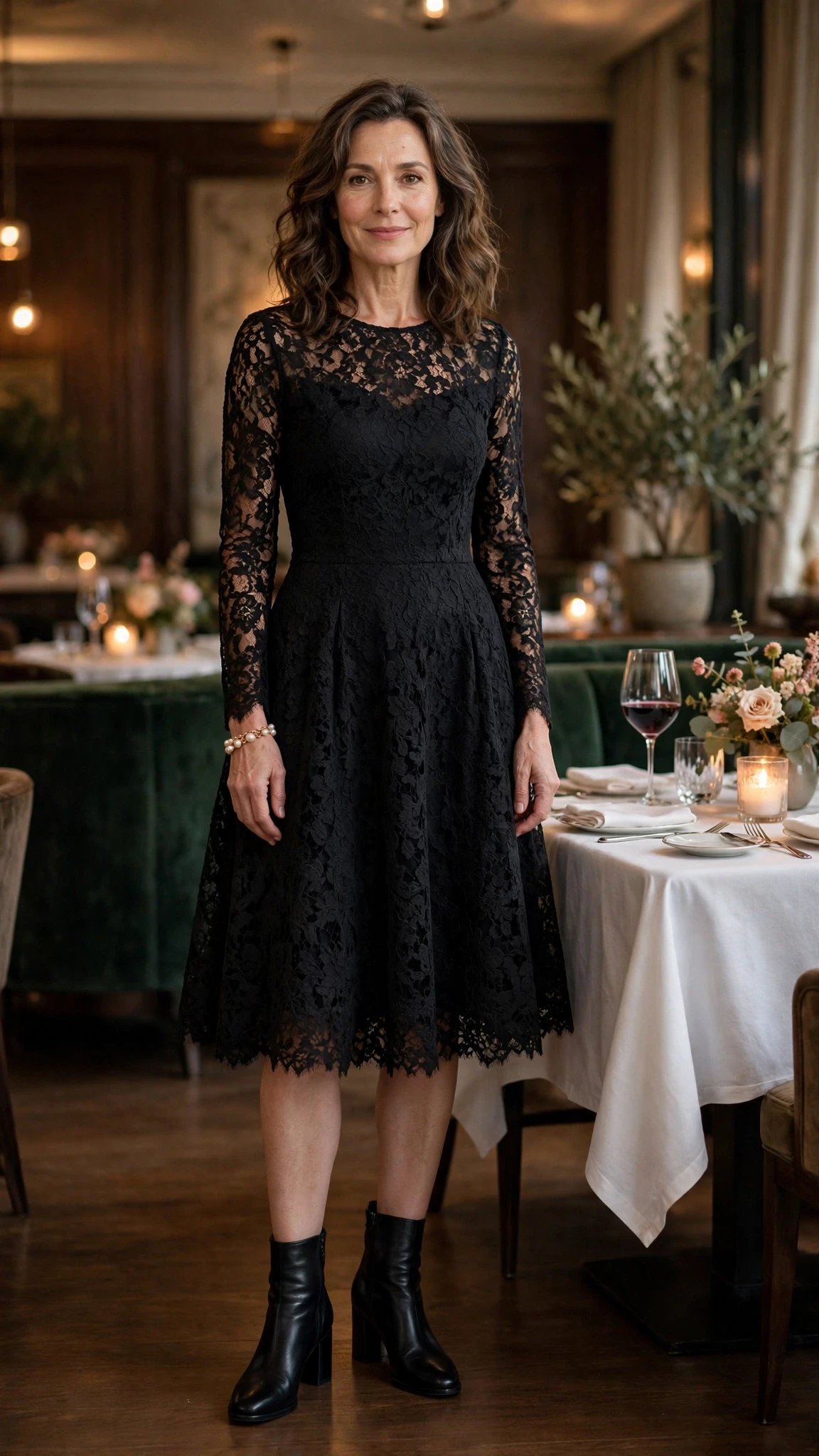 50 Women Over 50 Black Lace Outfits for Valentine Nights That Are Chic, Romantic and Easy to Wear 41 Jet black lace fit-and-flare dress with block-heel ankle boots and a pearl bracelet