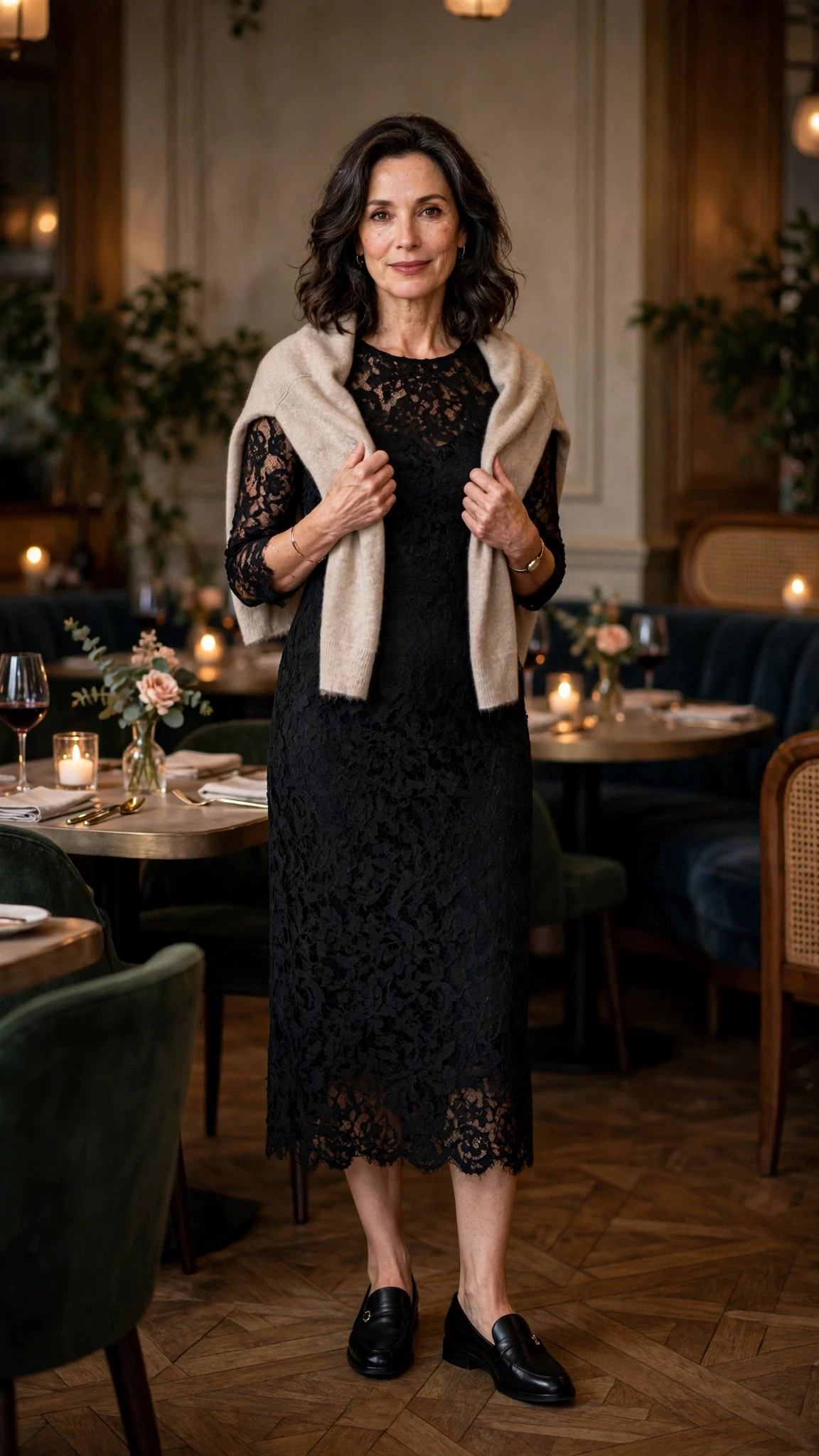 50 Women Over 50 Black Lace Outfits for Valentine Nights That Are Chic, Romantic and Easy to Wear 42 Jet black lace midi dress with smart loafers and a cashmere wrap