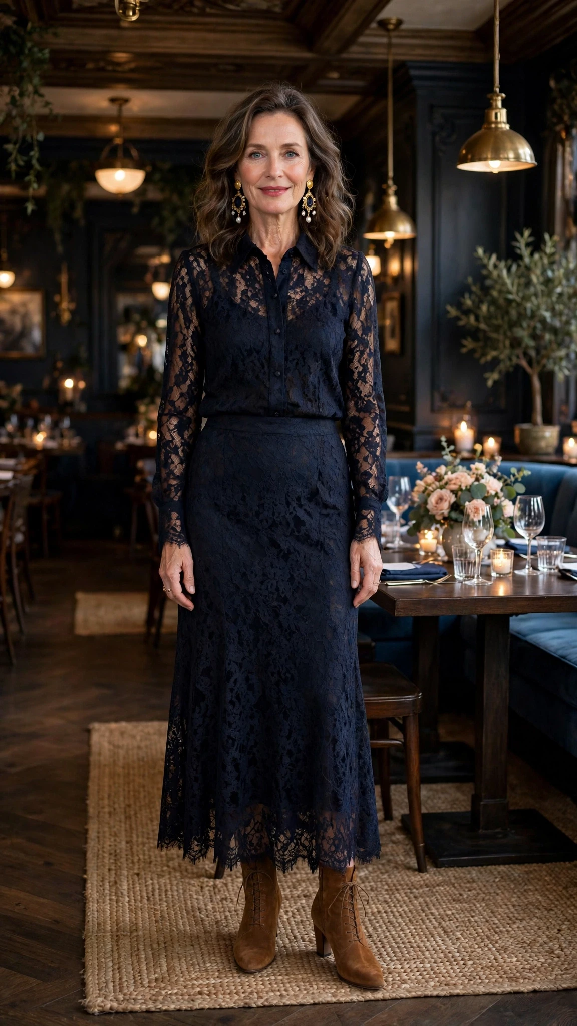 50 Women Over 50 Black Lace Outfits for Valentine Nights That Are Chic, Romantic and Easy to Wear 43 Midnight lace blouse and skirt outfit with suede ankle boots and statement earrings