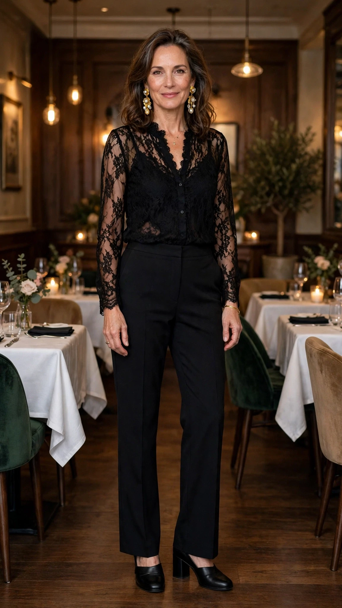50 Women Over 50 Black Lace Outfits for Valentine Nights That Are Chic, Romantic and Easy to Wear 44 Black lace top and trouser outfit with comfortable block heels and statement earrings