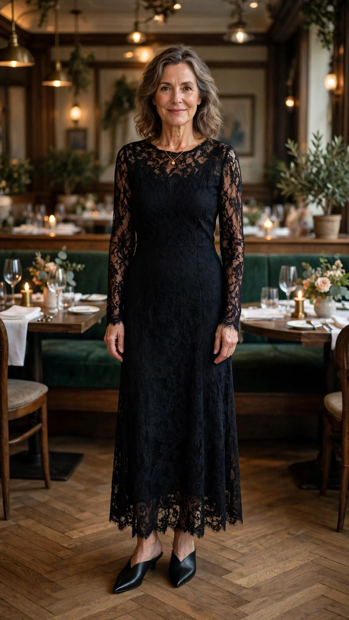 50 Women Over 50 Black Lace Outfits for Valentine Nights That Are Chic, Romantic and Easy to Wear 49 Midnight lace long-sleeve dress with pointed mules and a delicate gold necklace