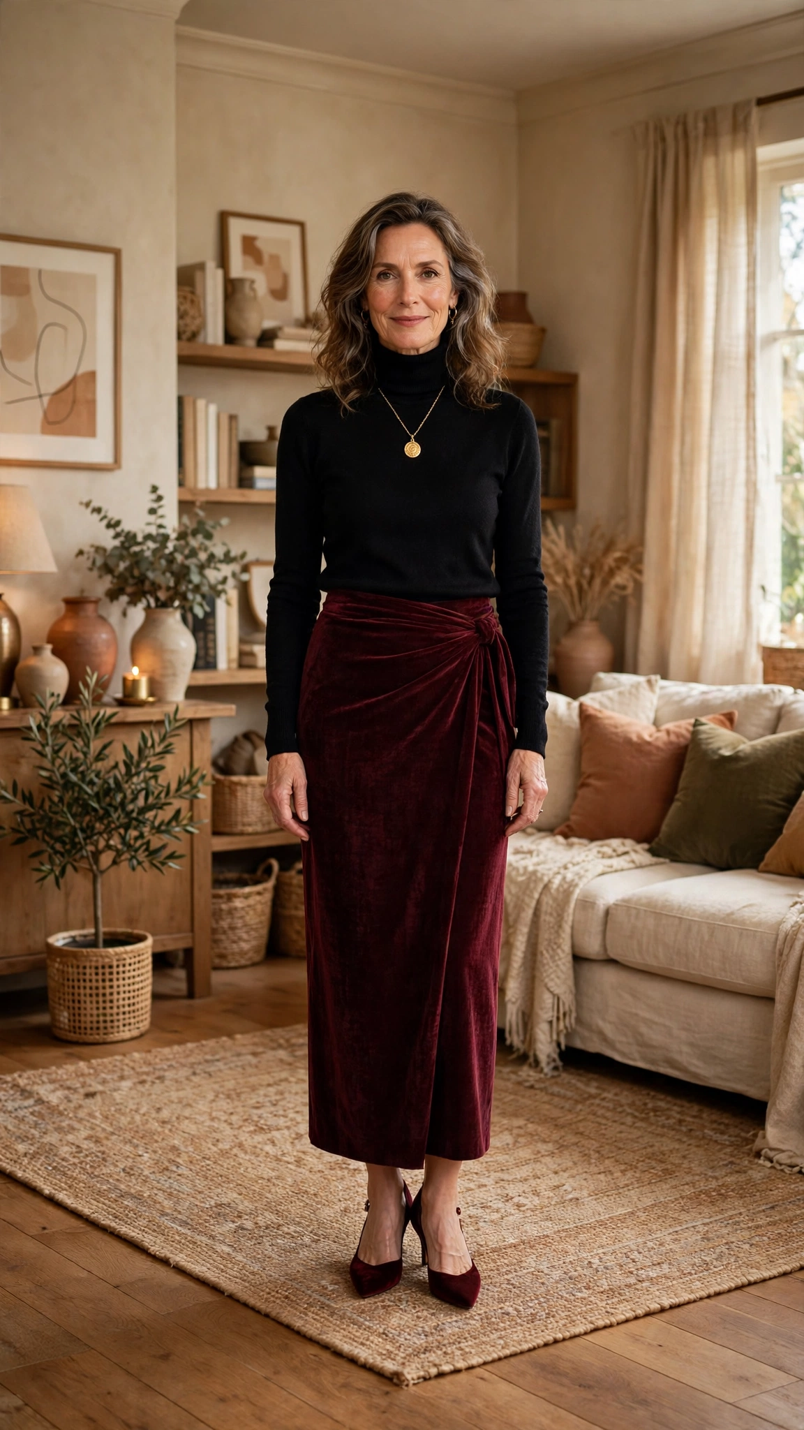 Burgundy Velvet Wrap Skirt with a Black Turtleneck and Burgundy Heels