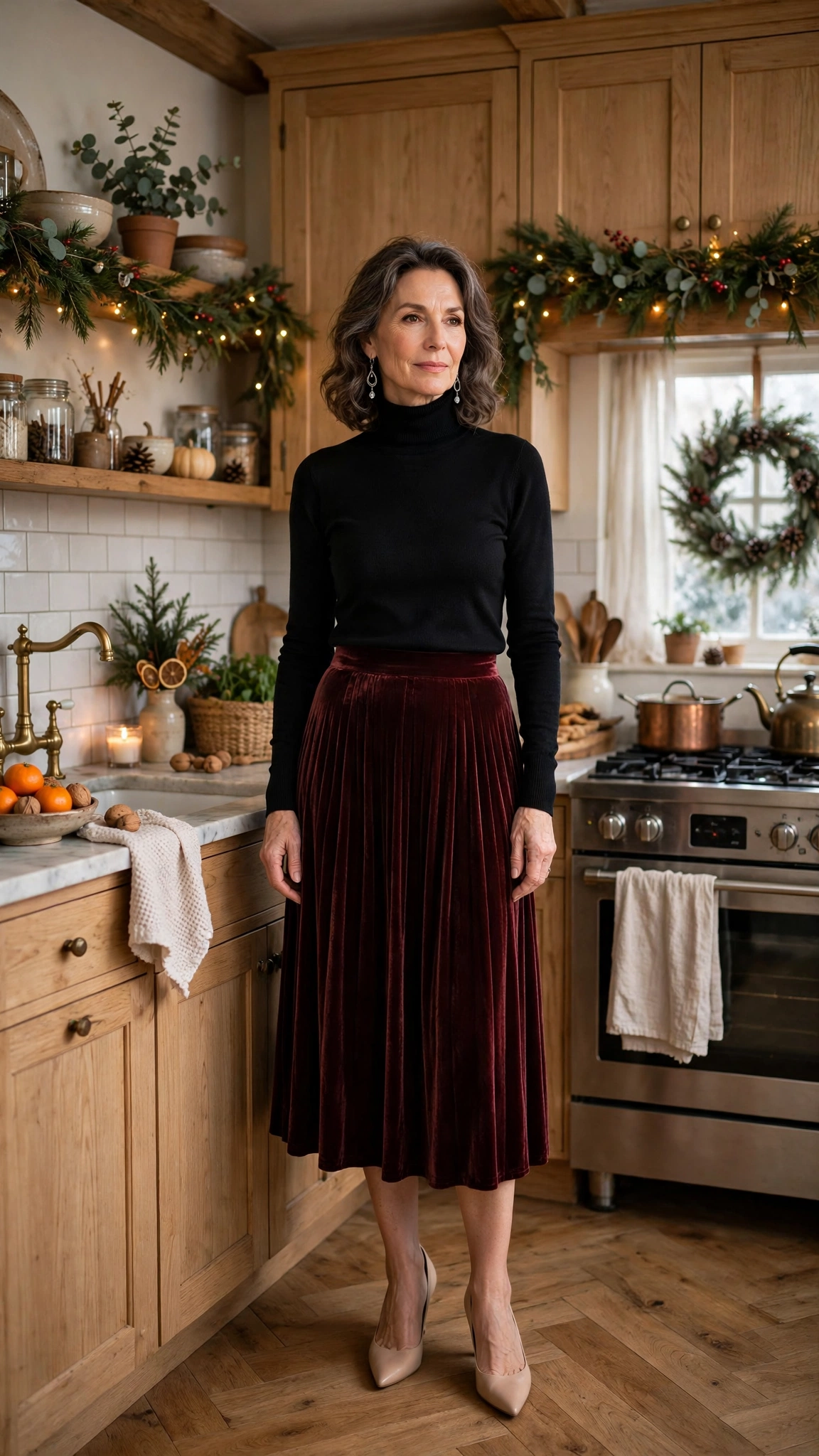 Wine Velvet Pleated Skirt with a Black Turtleneck and Nude Pumps