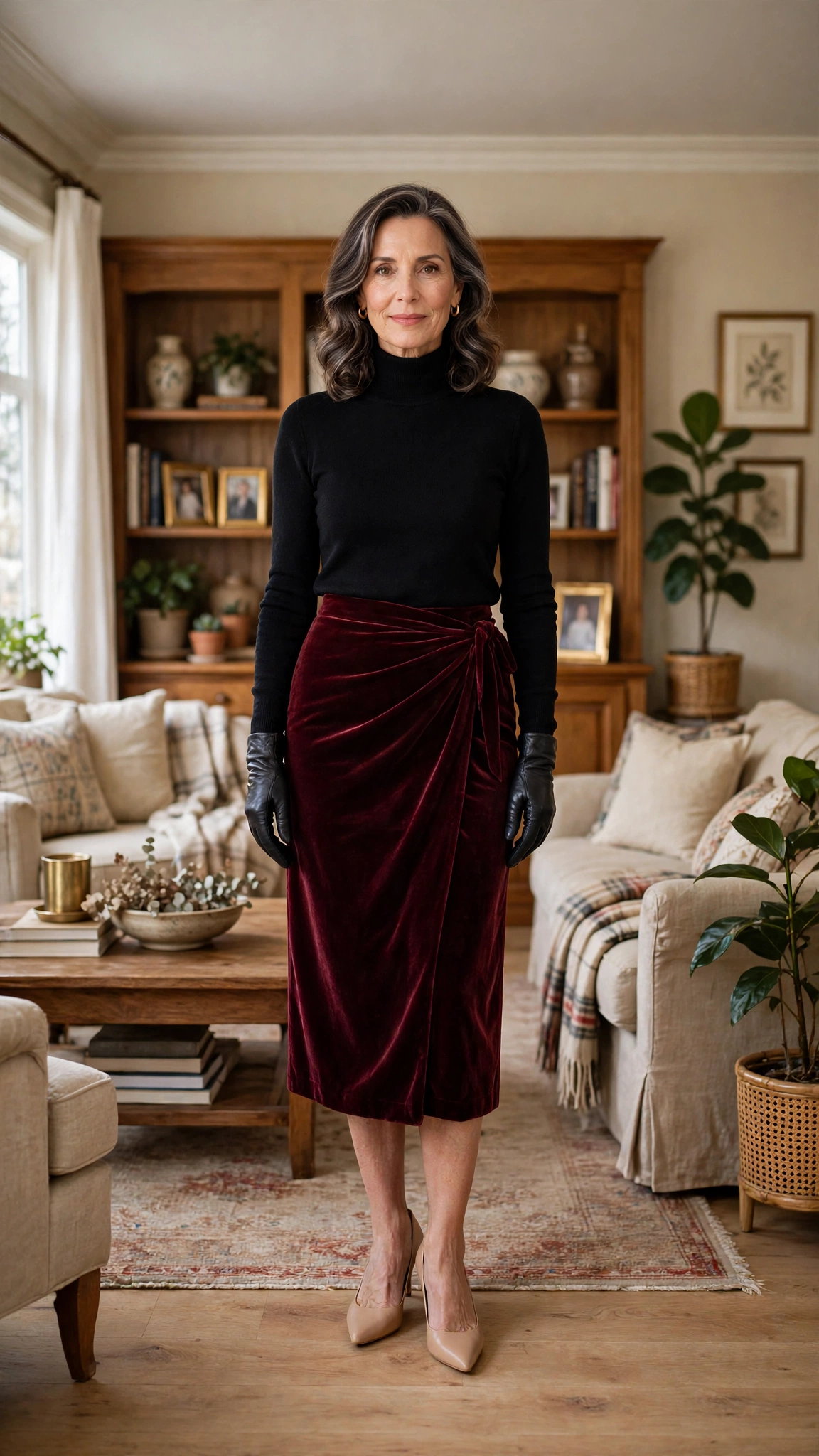 Burgundy Velvet Wrap Skirt with a Black Turtleneck and Nude Pumps