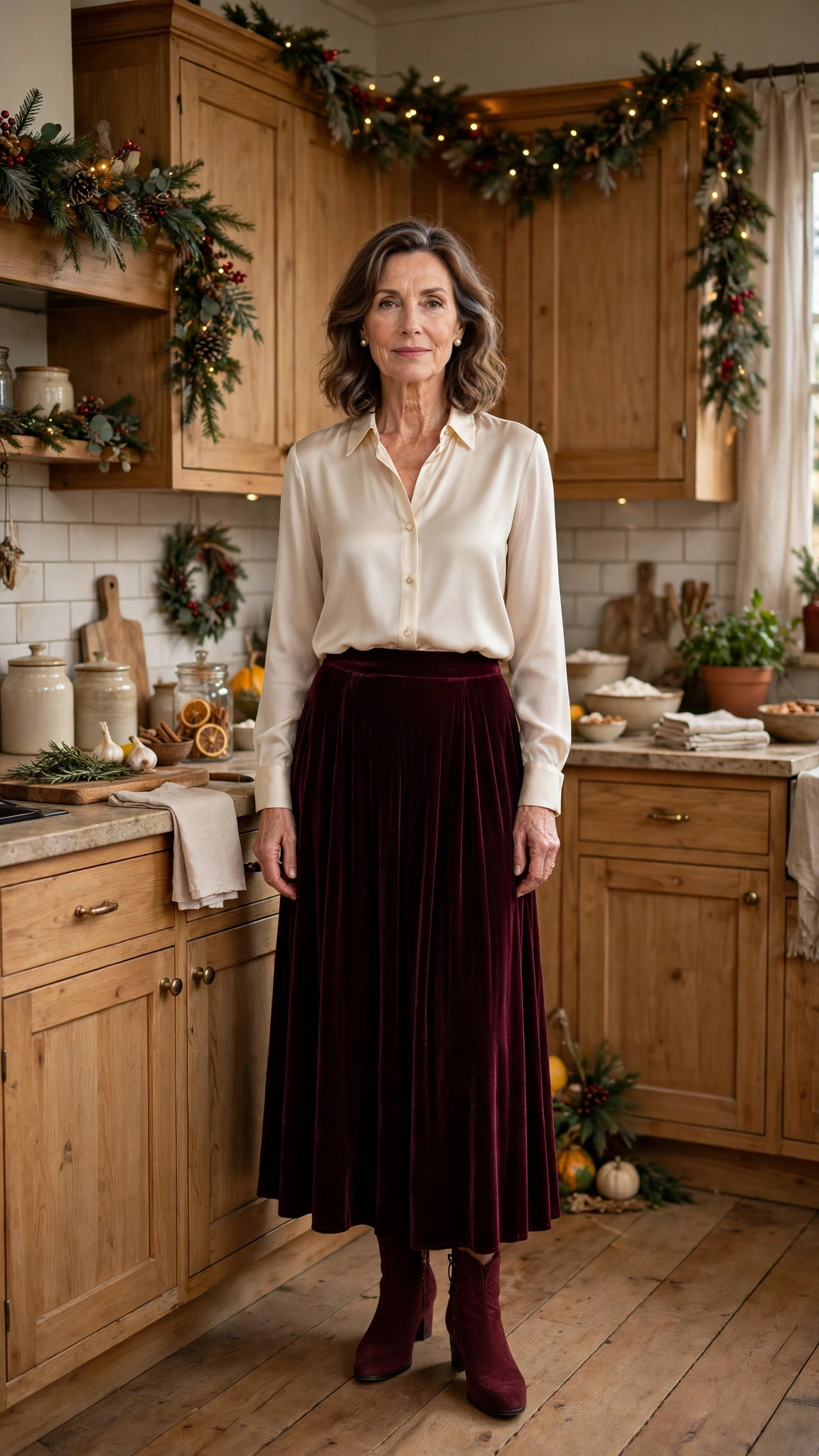 Wine Velvet Pleated Skirt with a Cream Silk Blouse and Burgundy Suede Boots