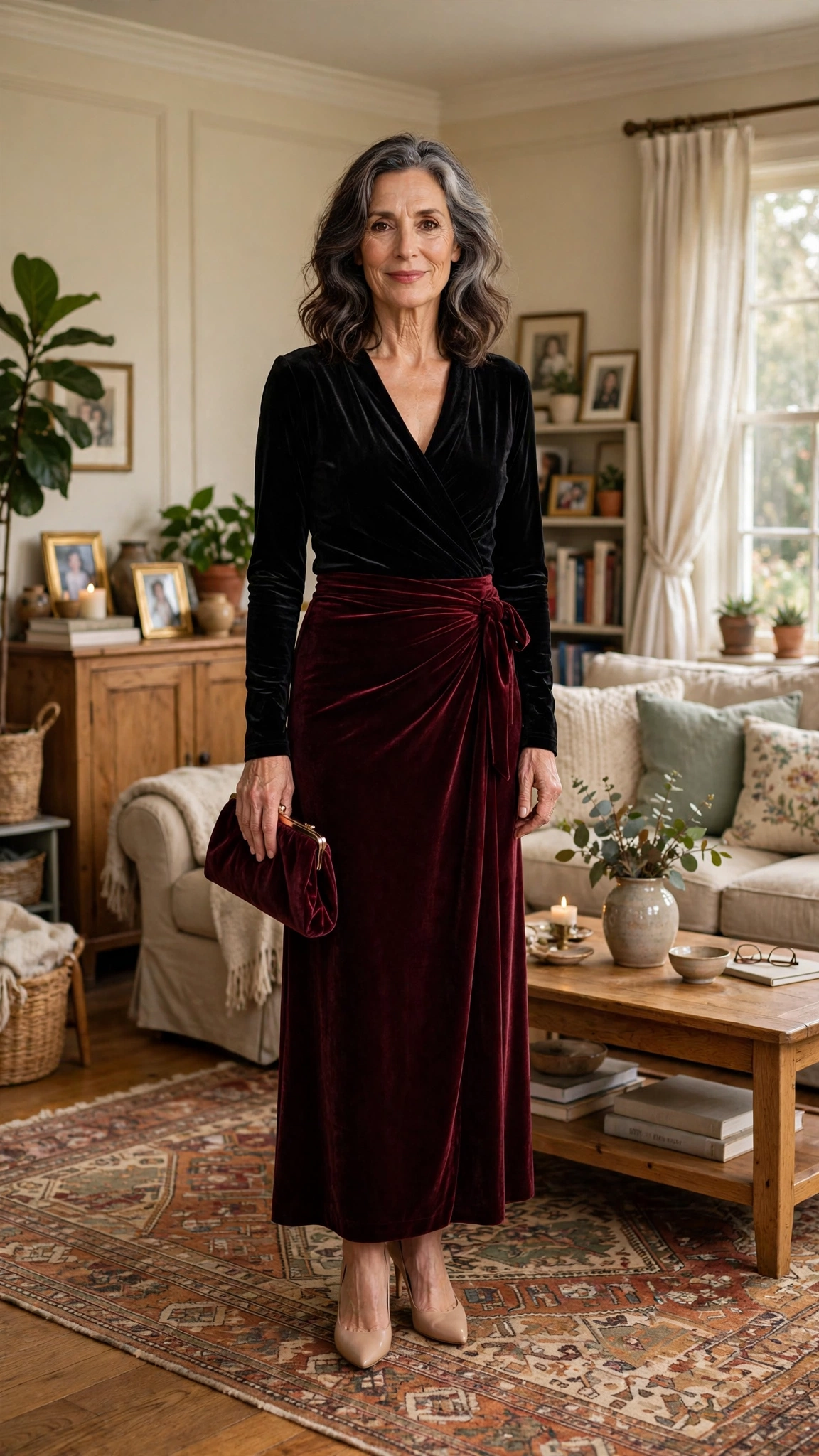 Burgundy Velvet Wrap Skirt with a Black Velvet Top and Nude Pumps