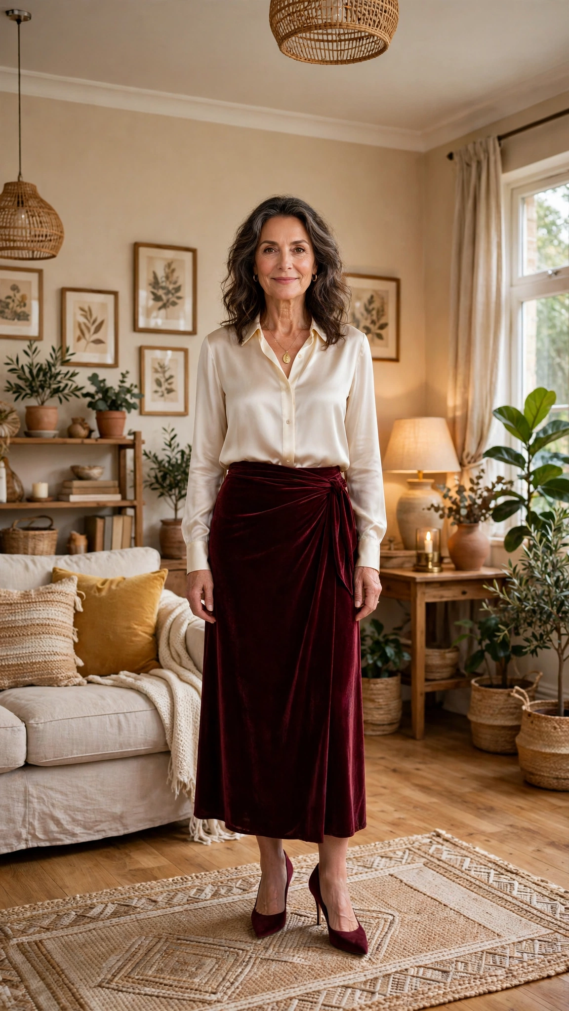 Burgundy Velvet Wrap Skirt with a Cream Silk Blouse and Burgundy Heels