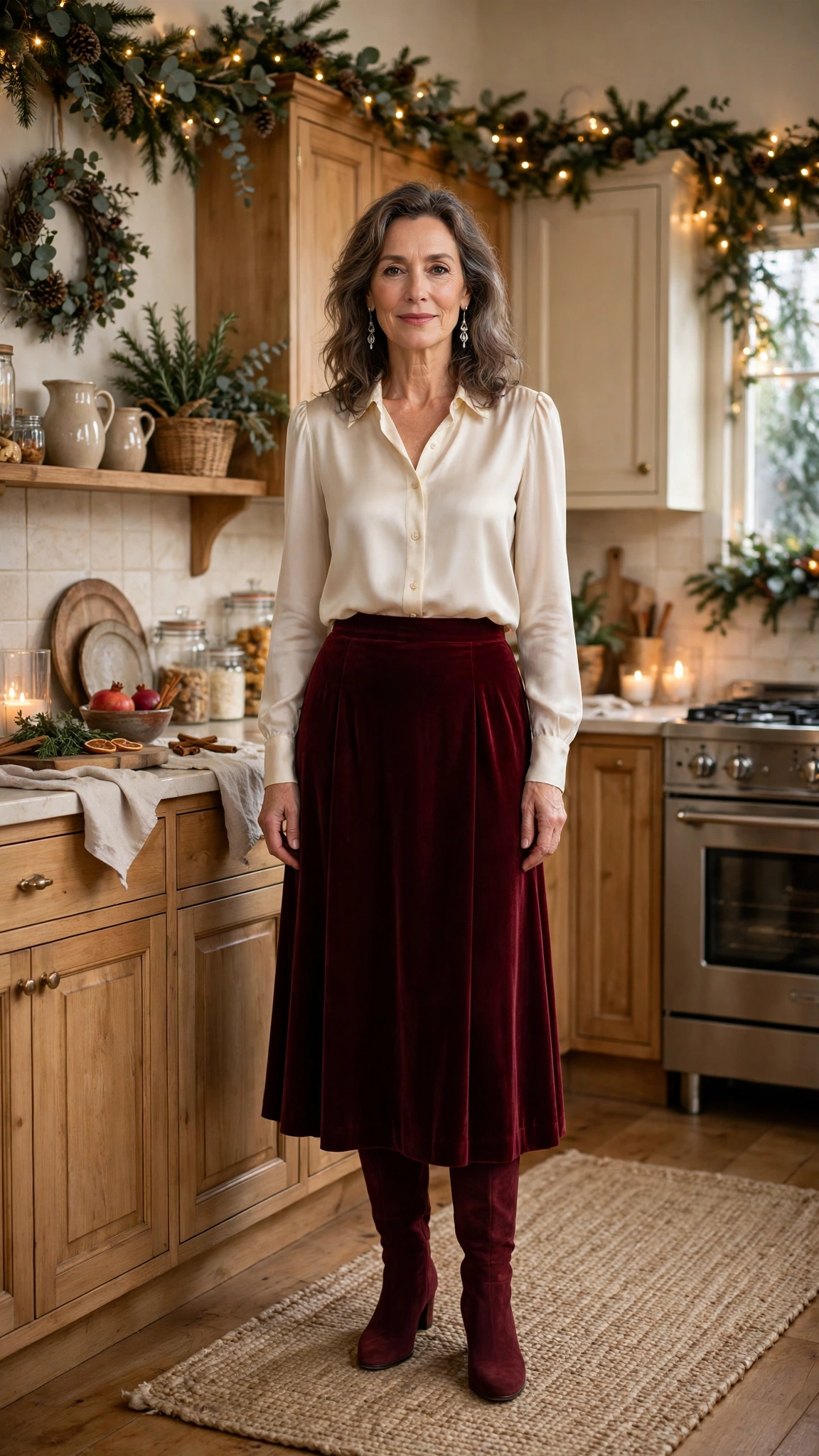Burgundy Velvet Midi Skirt with a Cream Silk Blouse and Burgundy Suede Boots