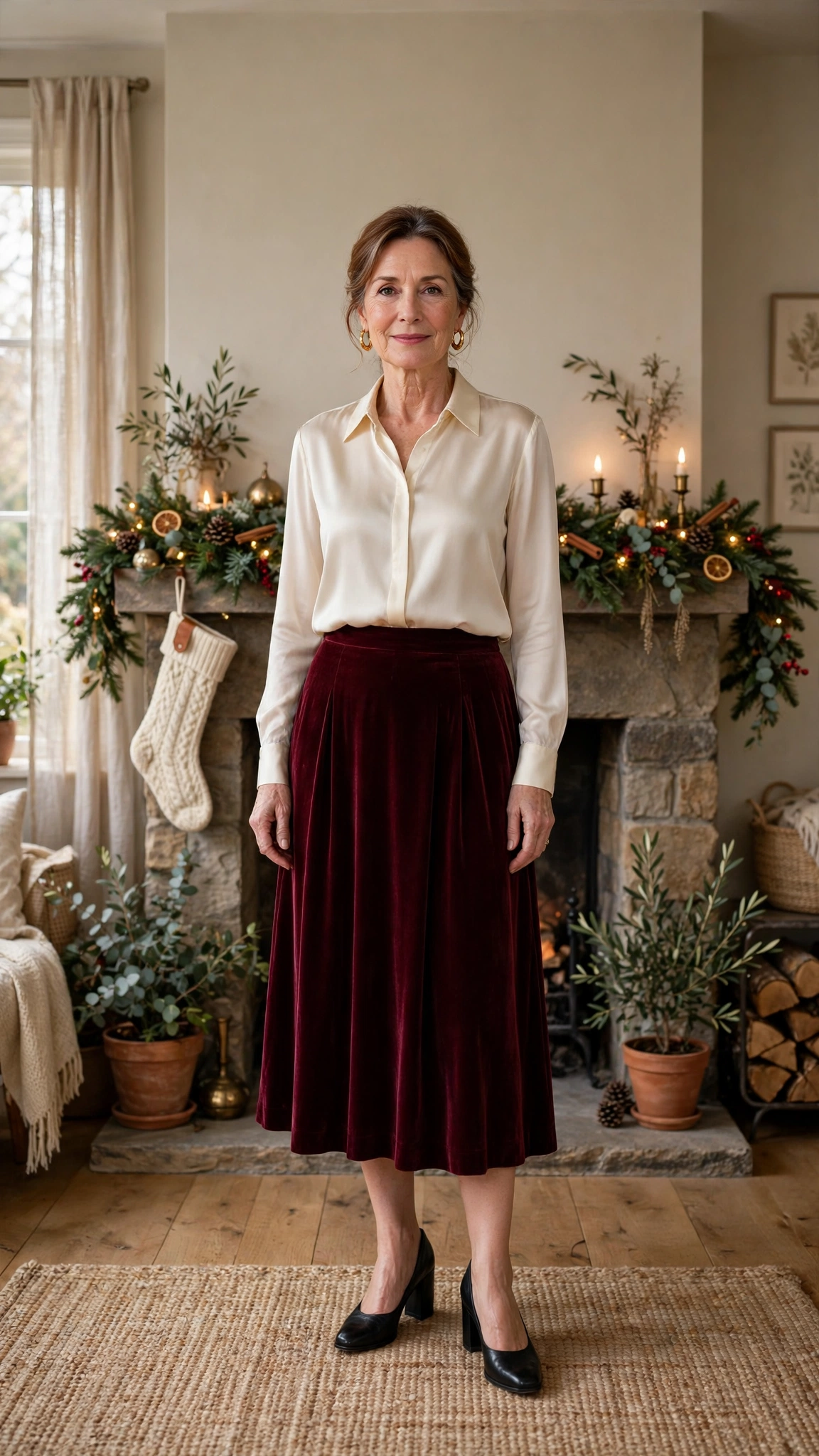 Burgundy Velvet Midi Skirt with a Cream Silk Blouse and Black Block Heels