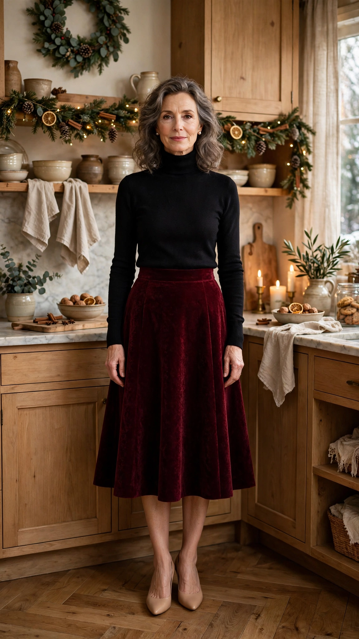 Burgundy Velvet A-line Skirt with a Black Turtleneck and Nude Pumps