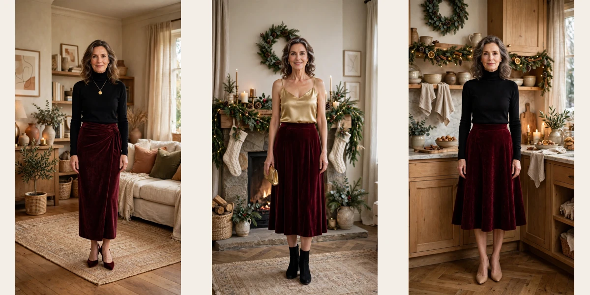 18 Women Over 50 Burgundy Velvet Skirt Outfits for Christmas Dinners That Are Chic, Warm and Elegant