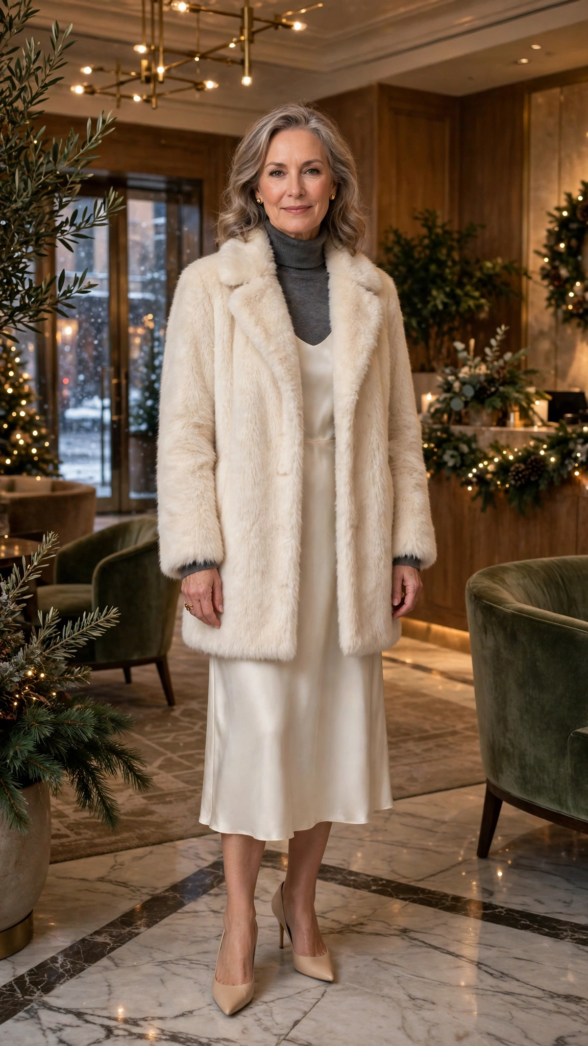 33 Women over 50 cream faux fur coat outfits for winter weddings That Are Chic, Warm and Elegant - idea 33
