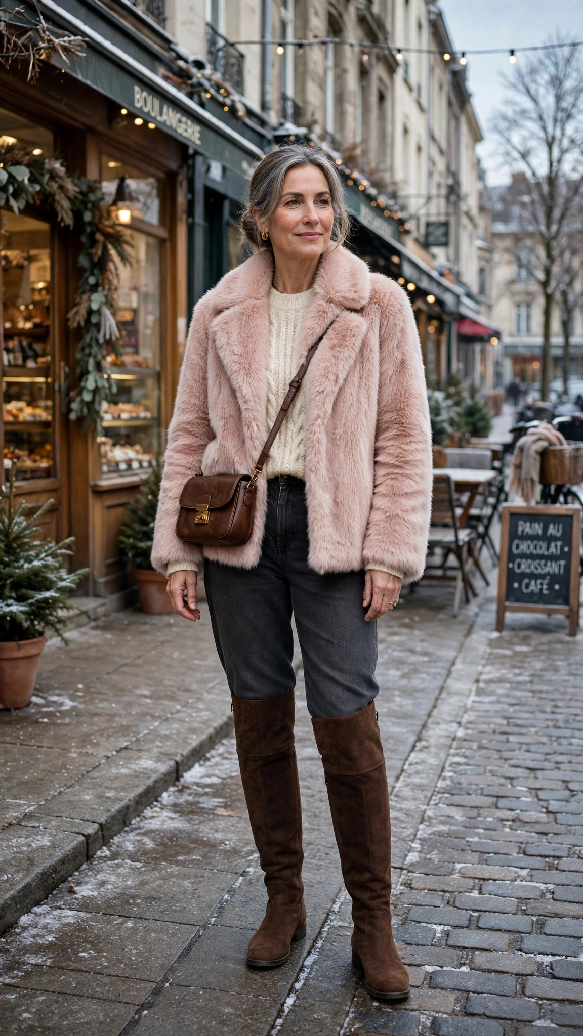 30 Women over 50 faux fur coat outfits with jeans for winter weekends That Are Chic, Warm and Elegant - idea 1