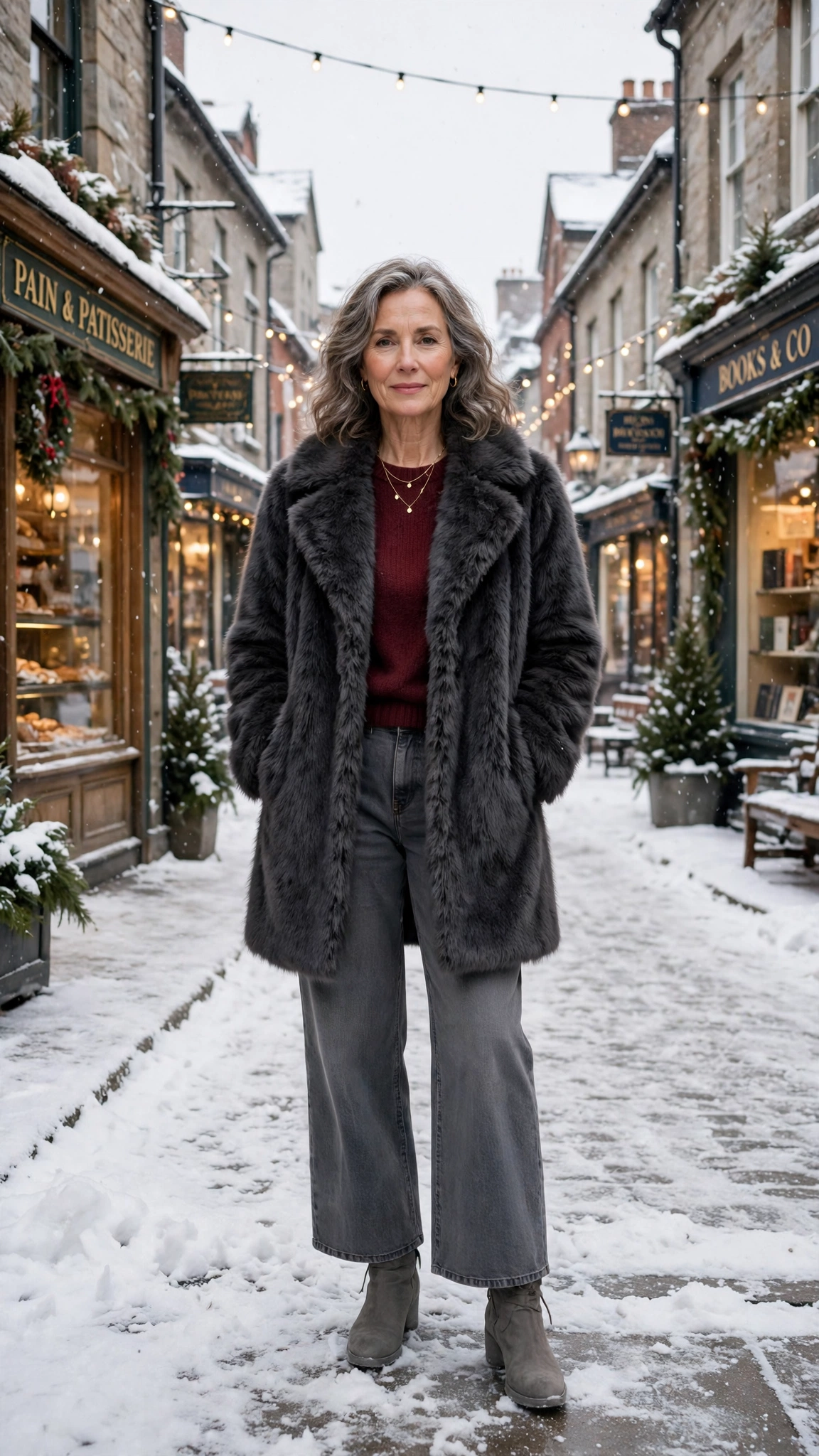 30 Women over 50 faux fur coat outfits with jeans for winter weekends That Are Chic, Warm and Elegant - idea 5