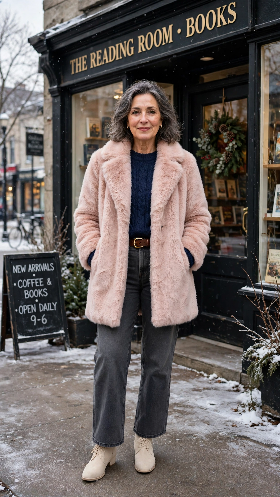 30 Women over 50 faux fur coat outfits with jeans for winter weekends That Are Chic, Warm and Elegant - idea 6