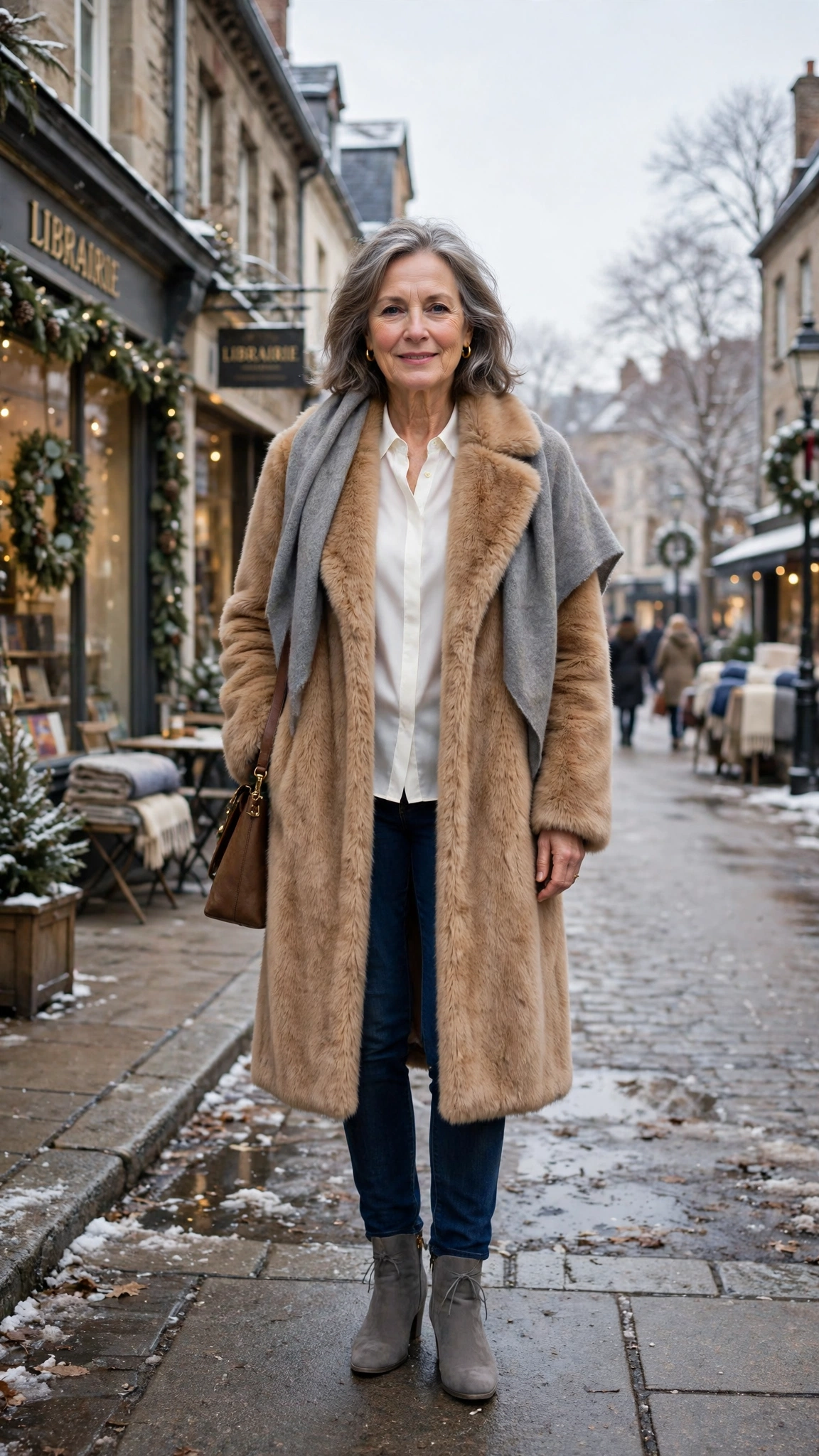 30 Women over 50 faux fur coat outfits with jeans for winter weekends That Are Chic, Warm and Elegant - idea 7