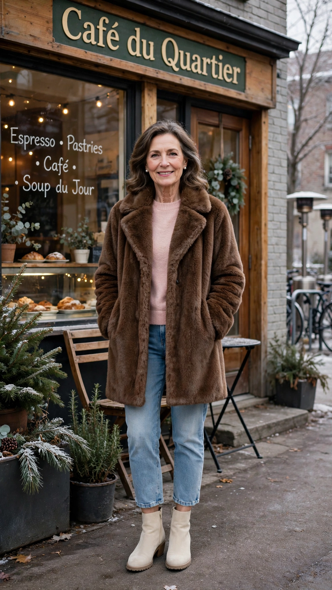 30 Women over 50 faux fur coat outfits with jeans for winter weekends That Are Chic, Warm and Elegant - idea 8