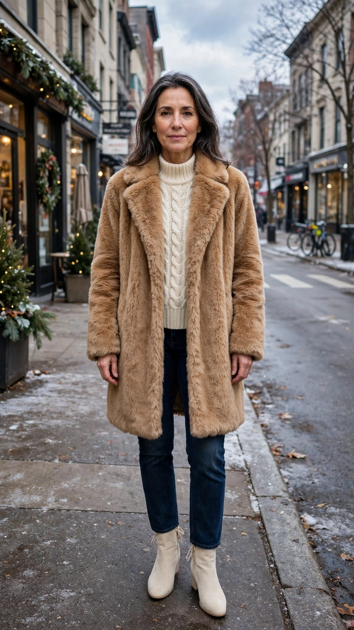 30 Women over 50 faux fur coat outfits with jeans for winter weekends That Are Chic, Warm and Elegant - idea 13