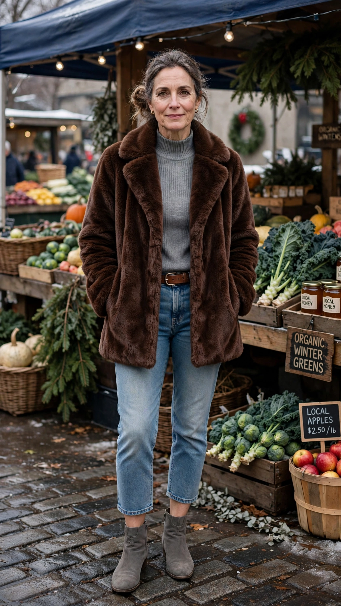 30 Women over 50 faux fur coat outfits with jeans for winter weekends That Are Chic, Warm and Elegant - idea 16