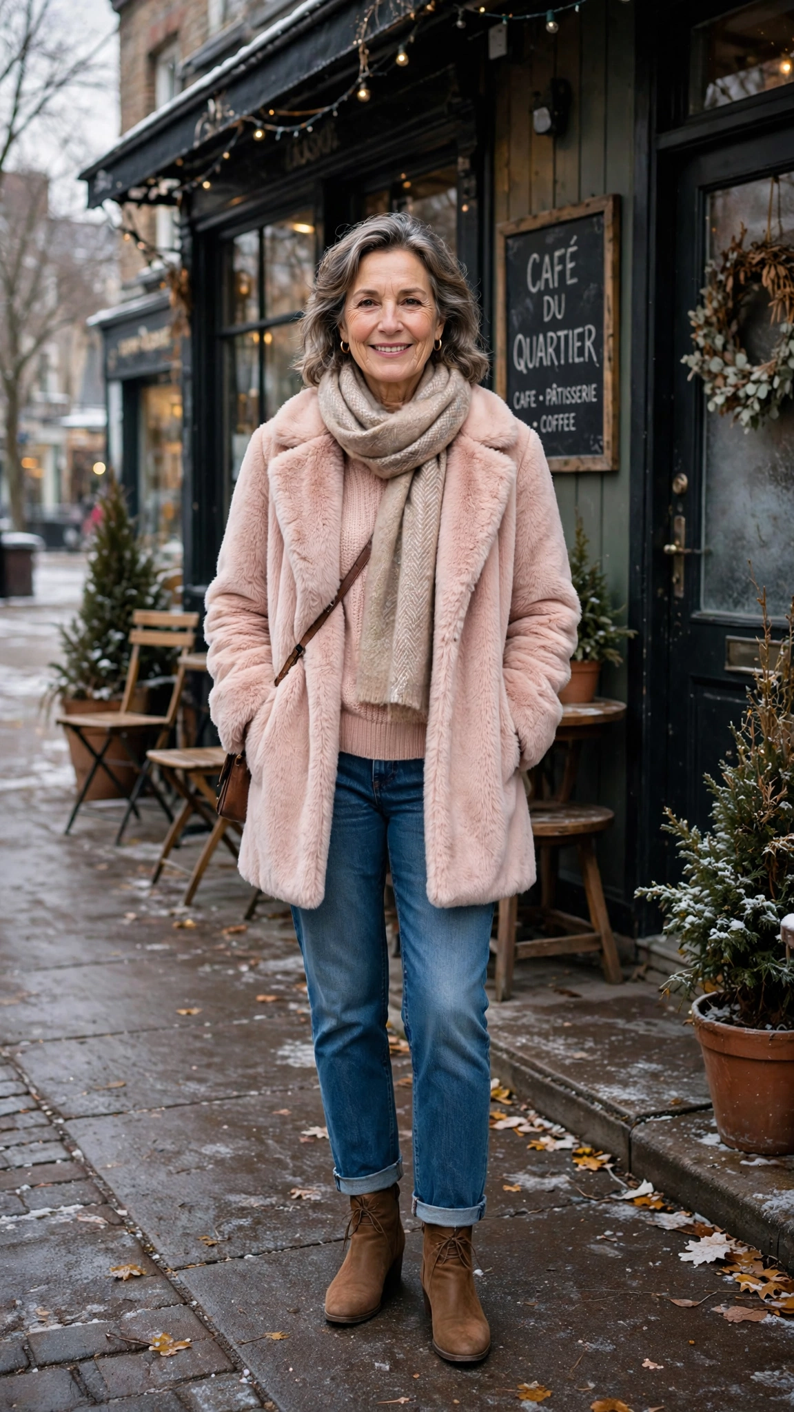 30 Women over 50 faux fur coat outfits with jeans for winter weekends That Are Chic, Warm and Elegant - idea 20