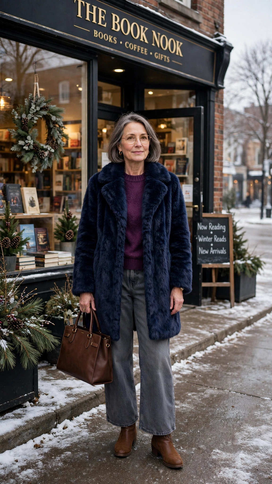 30 Women over 50 faux fur coat outfits with jeans for winter weekends That Are Chic, Warm and Elegant - idea 24