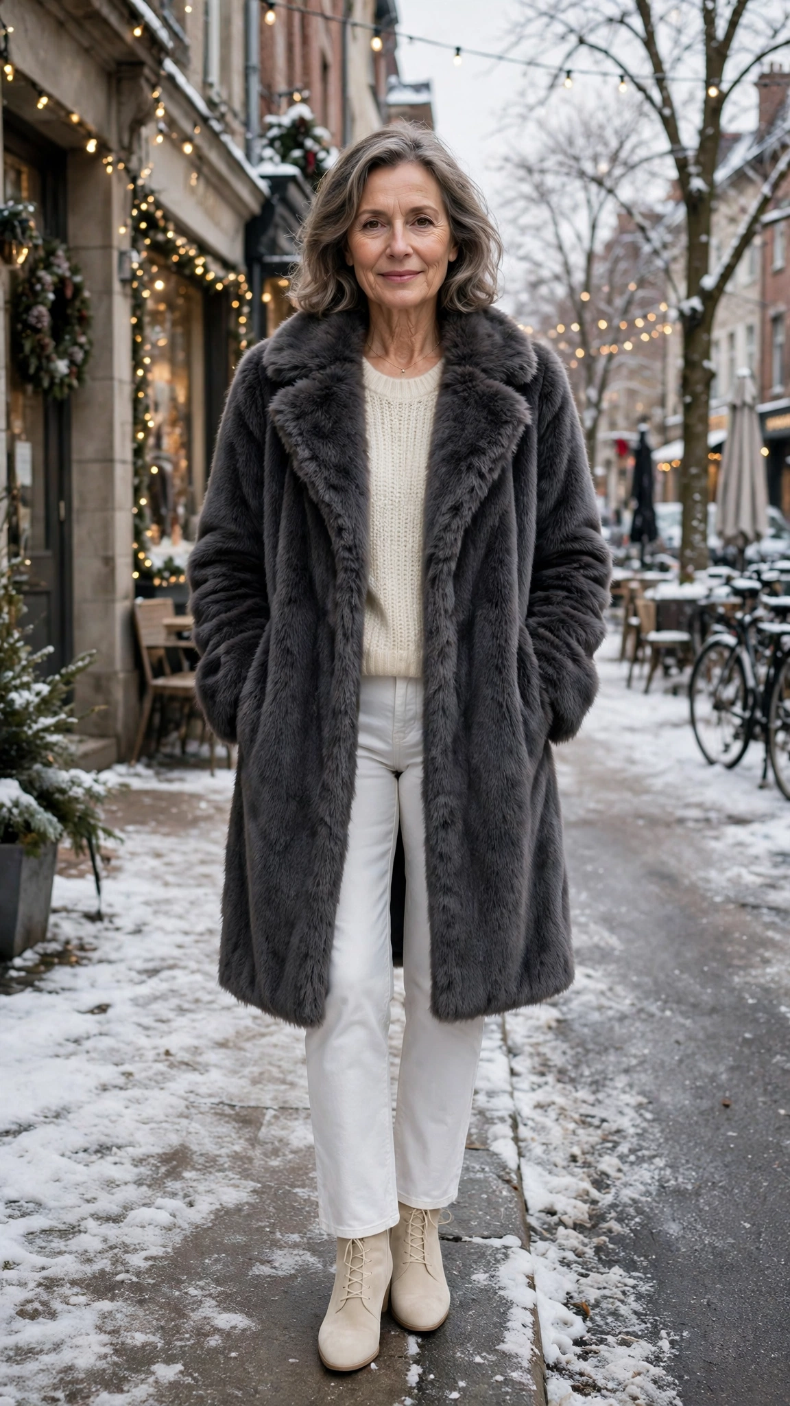 30 Women over 50 faux fur coat outfits with jeans for winter weekends That Are Chic, Warm and Elegant - idea 25
