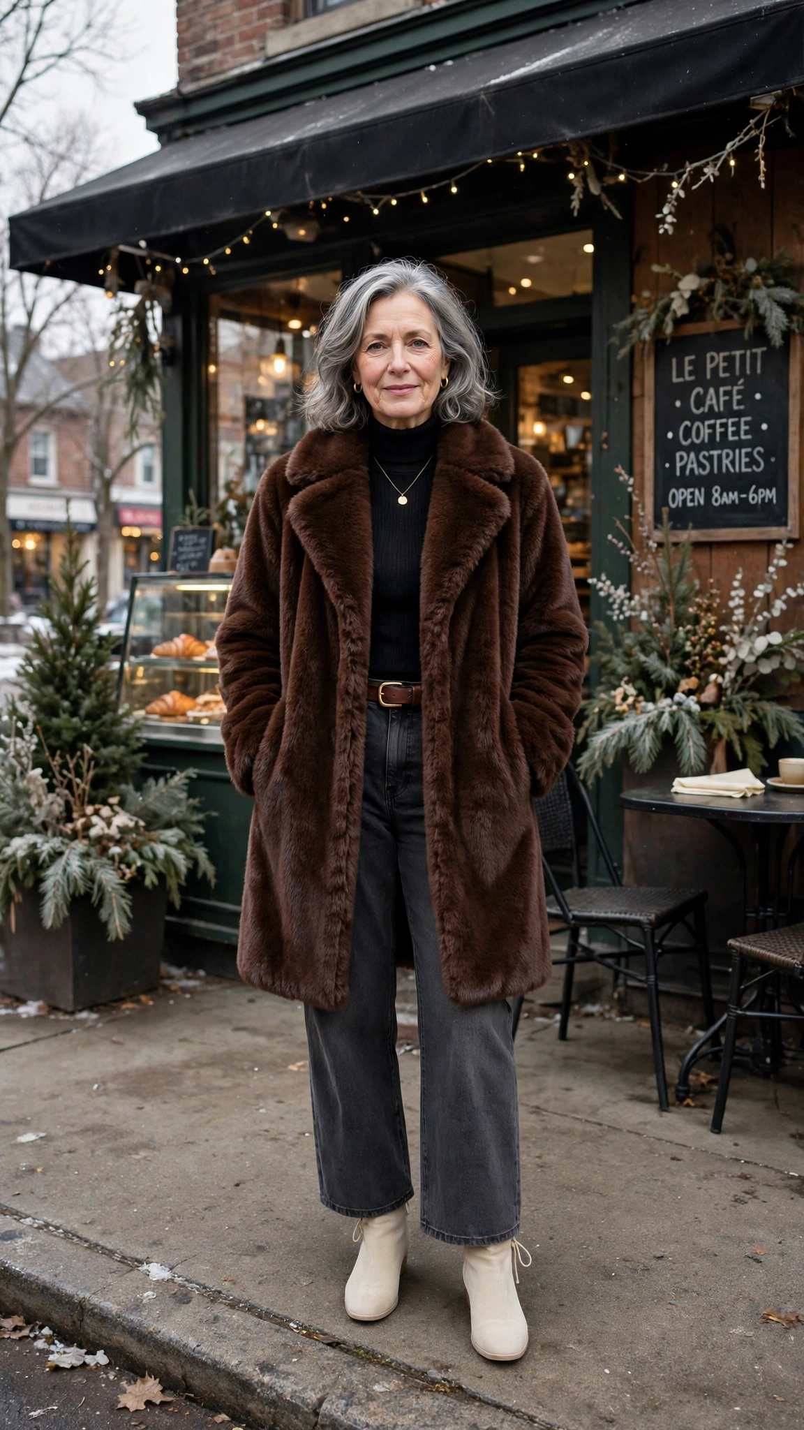 30 Women over 50 faux fur coat outfits with jeans for winter weekends That Are Chic, Warm and Elegant - idea 26